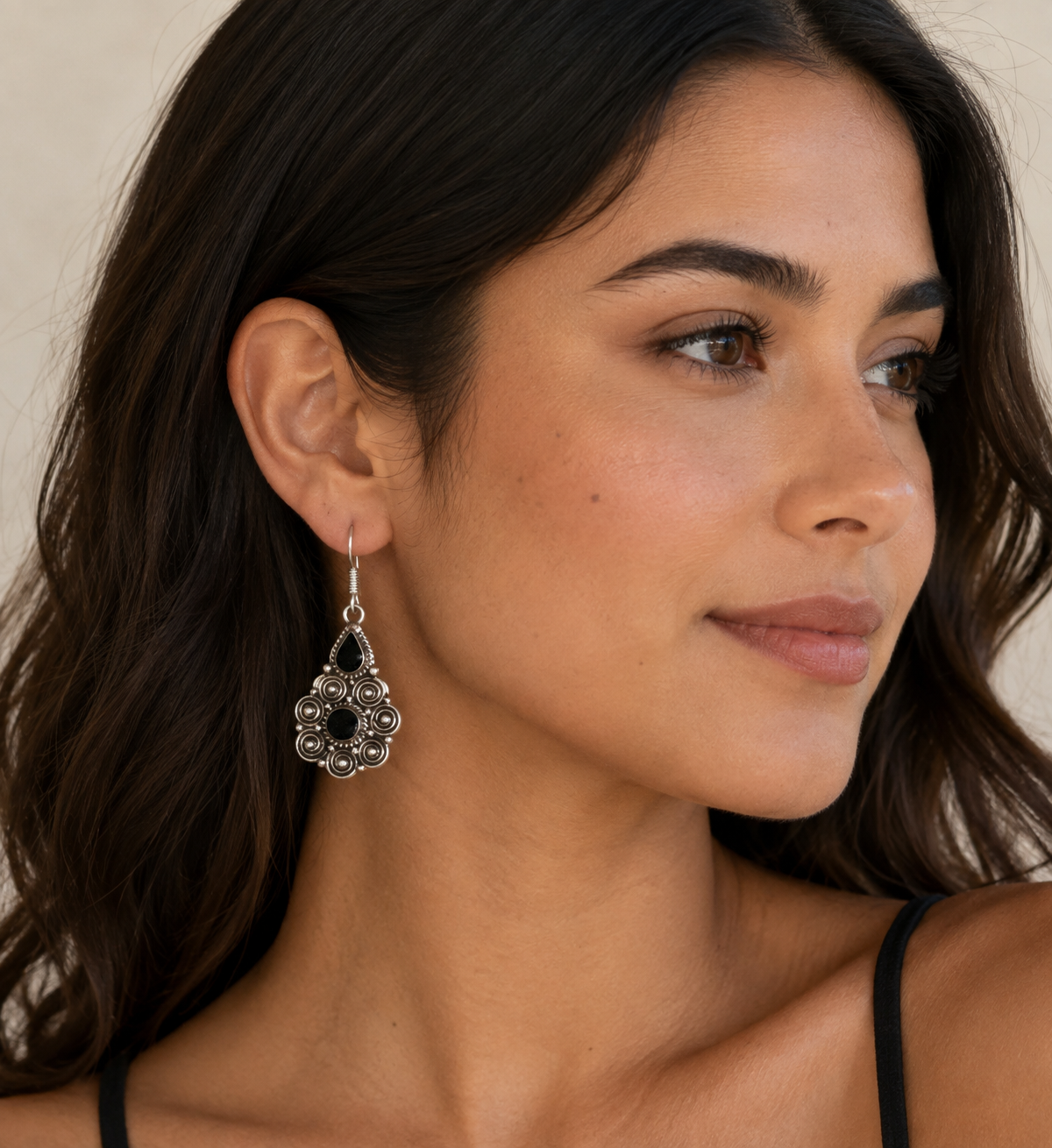 Black Onyx Two-Stone Filigree Dangle Earrings