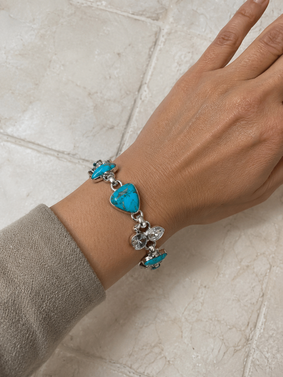 Turquoise 5 Stone & CZ Sterling Silver Bracelet