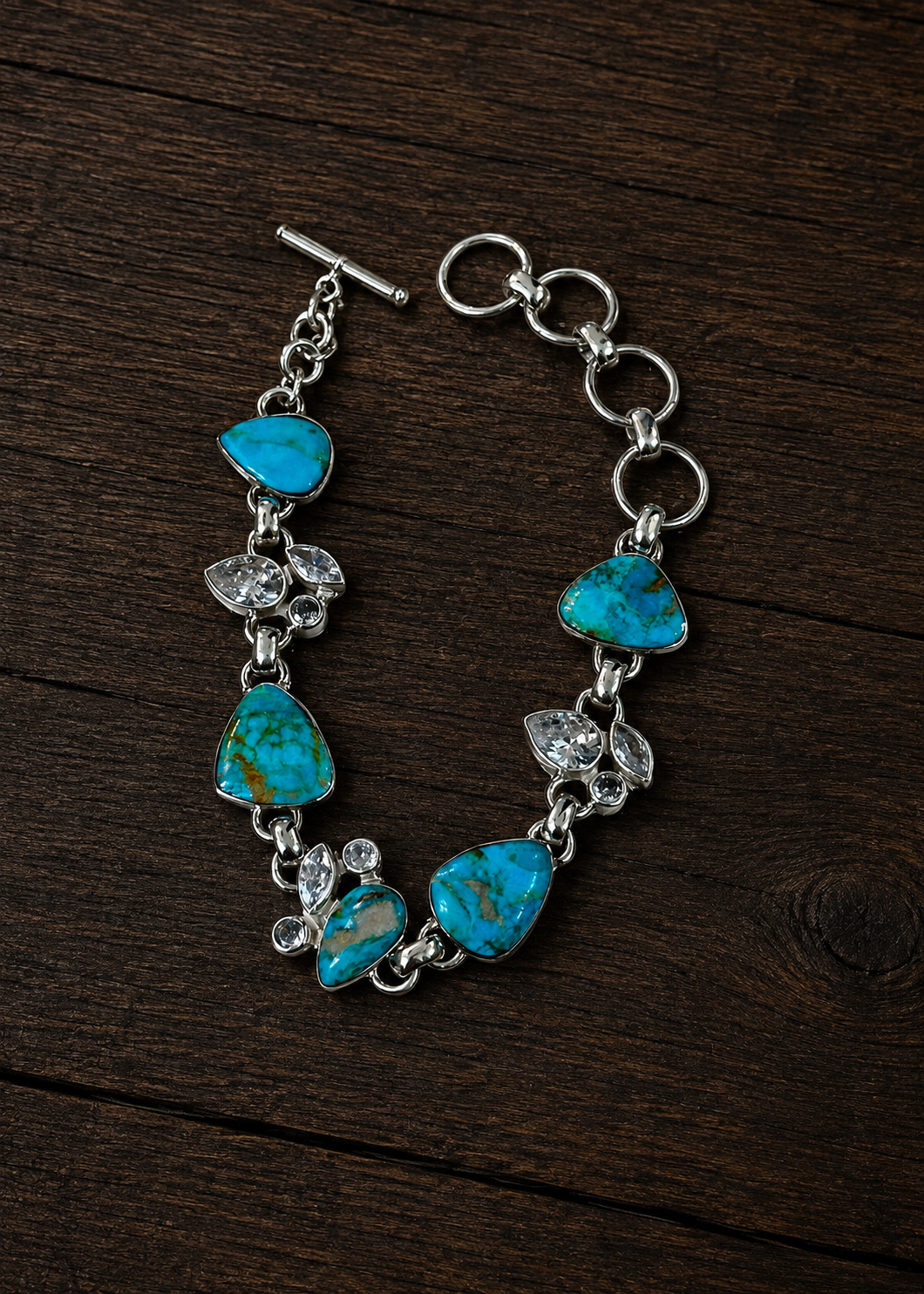 Turquoise 5 Stone & CZ Sterling Silver Bracelet