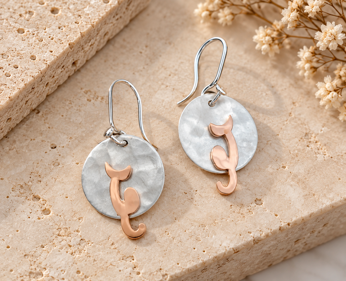 Copper Cat on Hammered Disc Sterling Silver Earrings