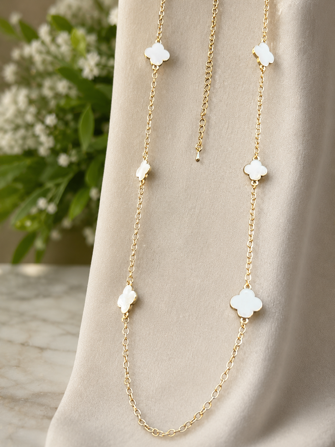 14k Gold Plated White Clover Cross Necklace