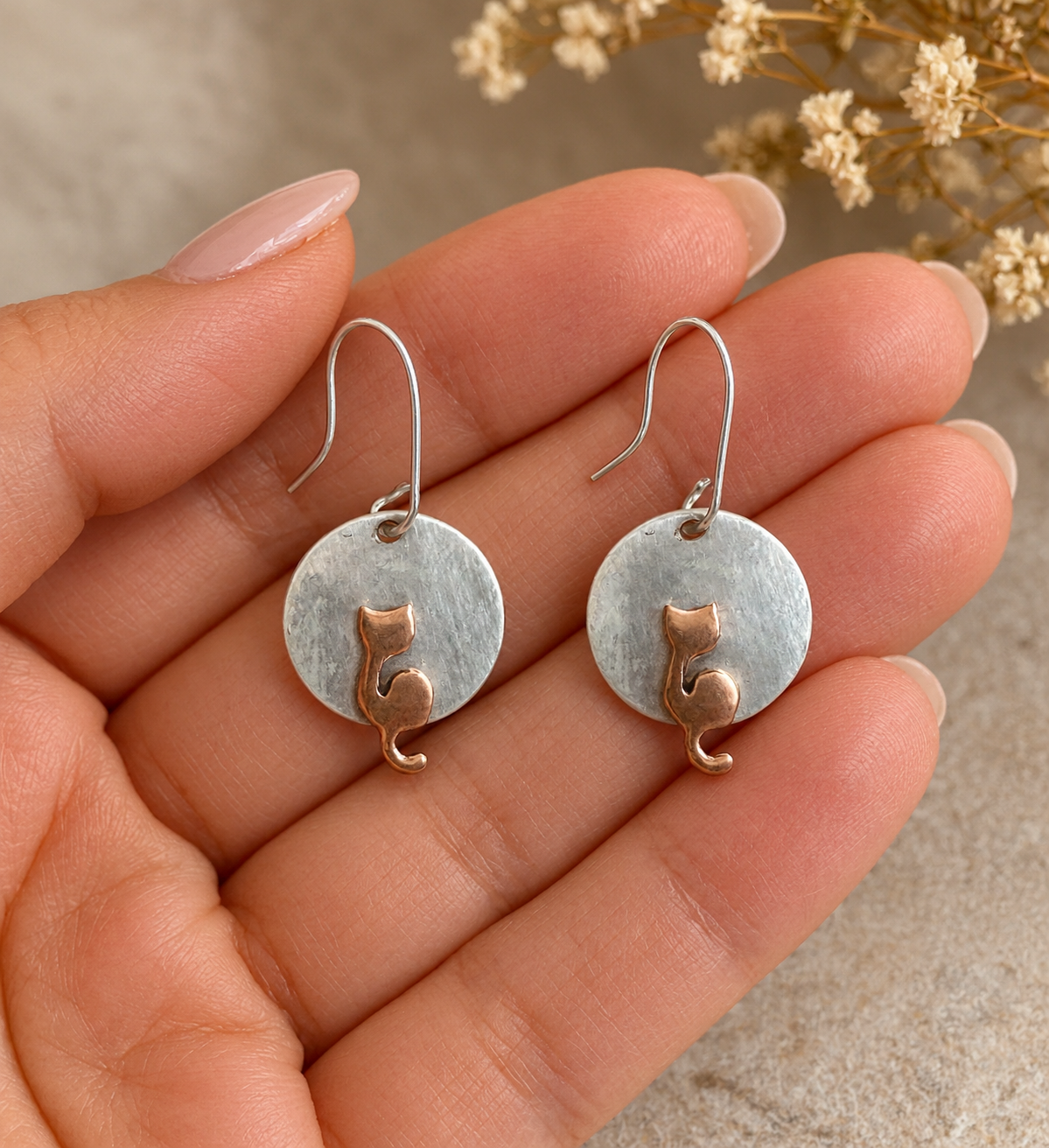Copper Cat on Hammered Disc Sterling Silver Earrings