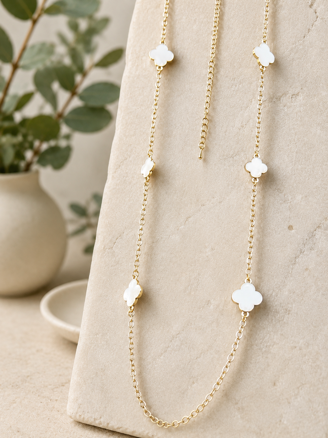 14k Gold Plated White Clover Cross Necklace