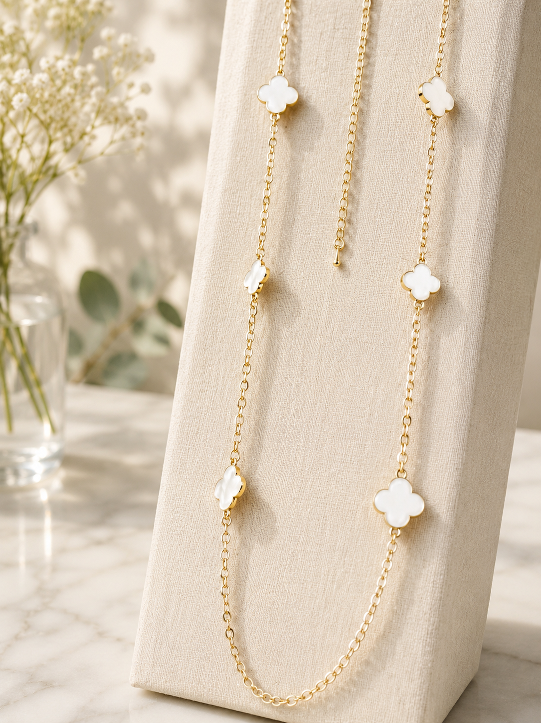 14k Gold Plated White Clover Cross Necklace