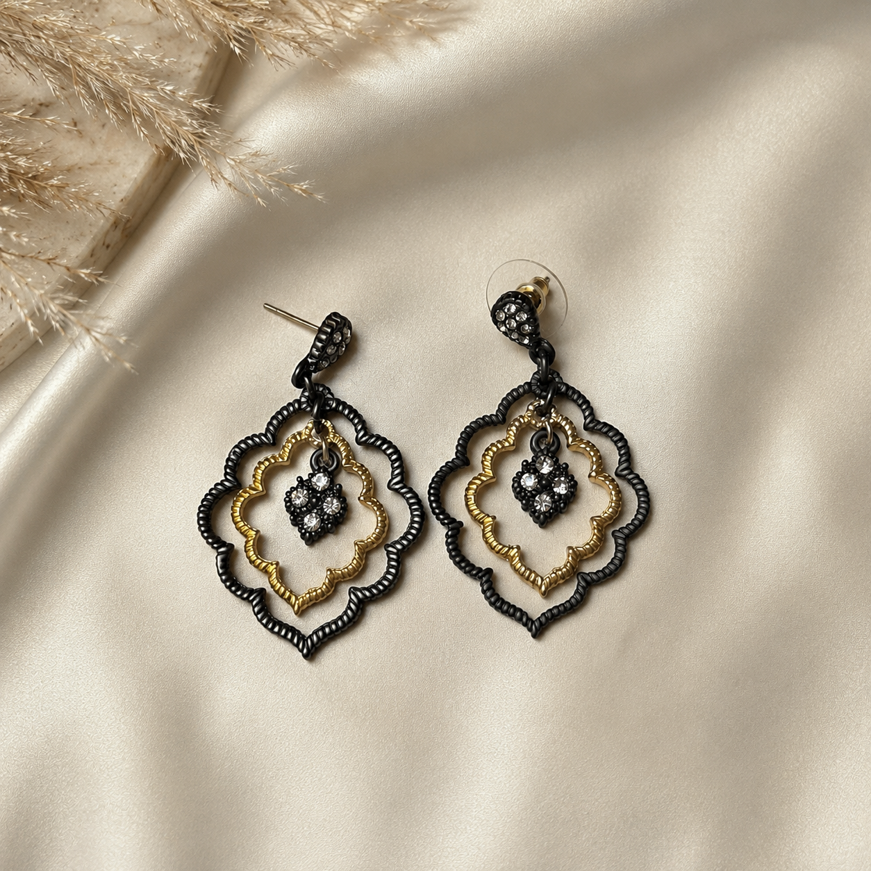 14k Gold Plated CZ Floating Hem Black Dangle Earrings