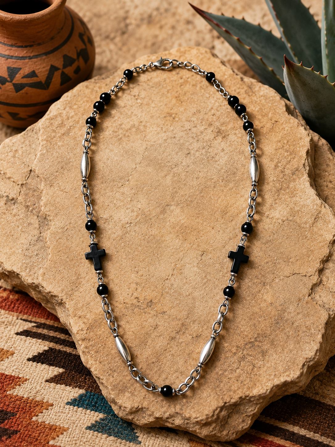 Vintage Silver and Black Cross Necklace