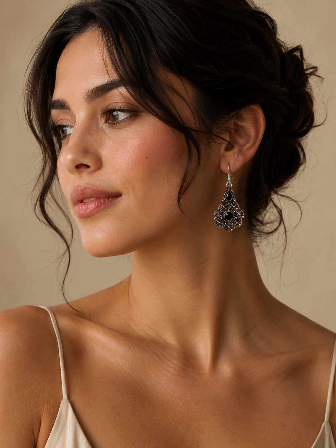 Black Onyx Two-Stone Filigree Dangle Earrings