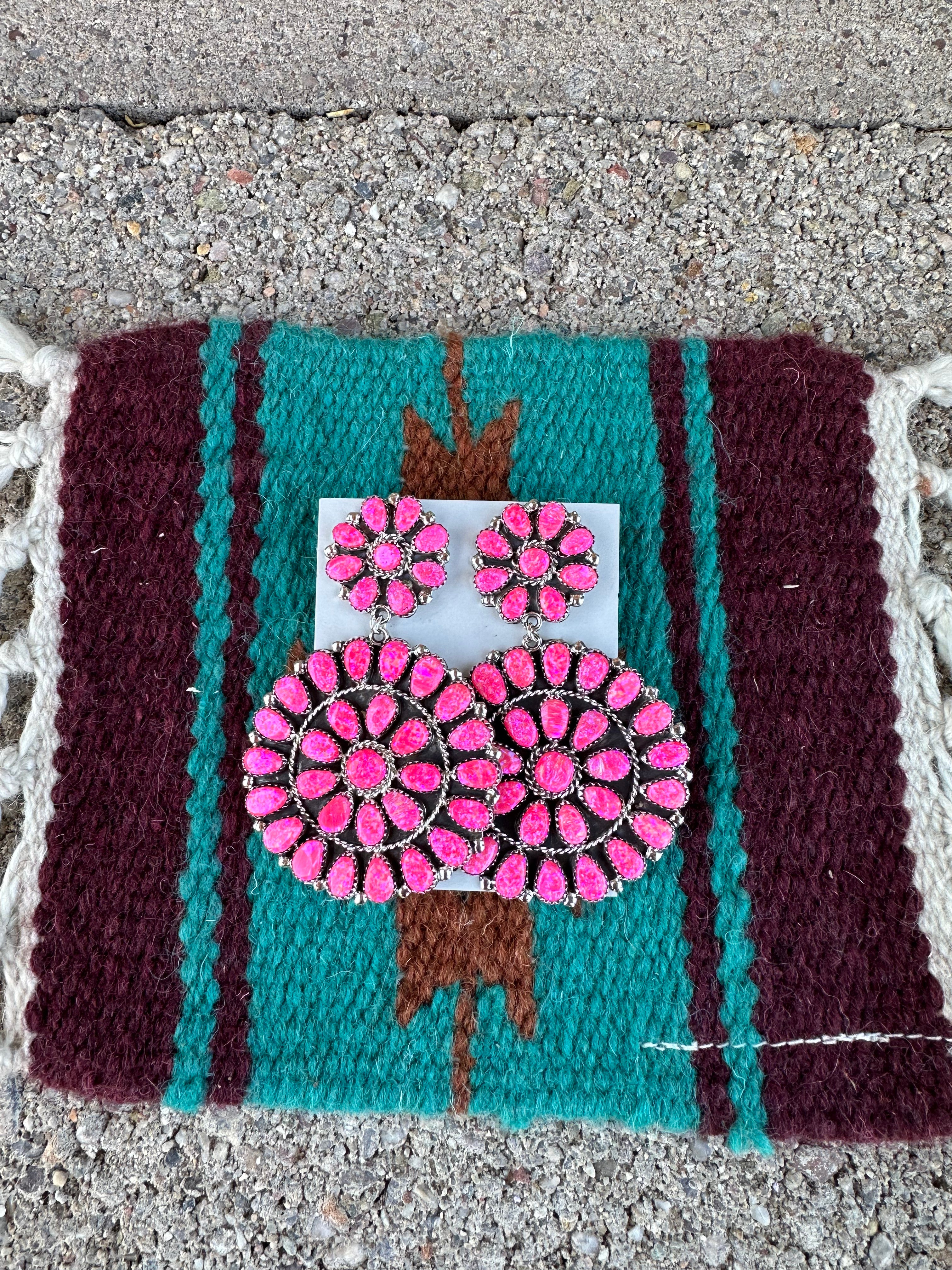 “The Barbie Collection” Handcrafted Pink Opal & Sterling Silver Cluster Dangle Earrings Signed