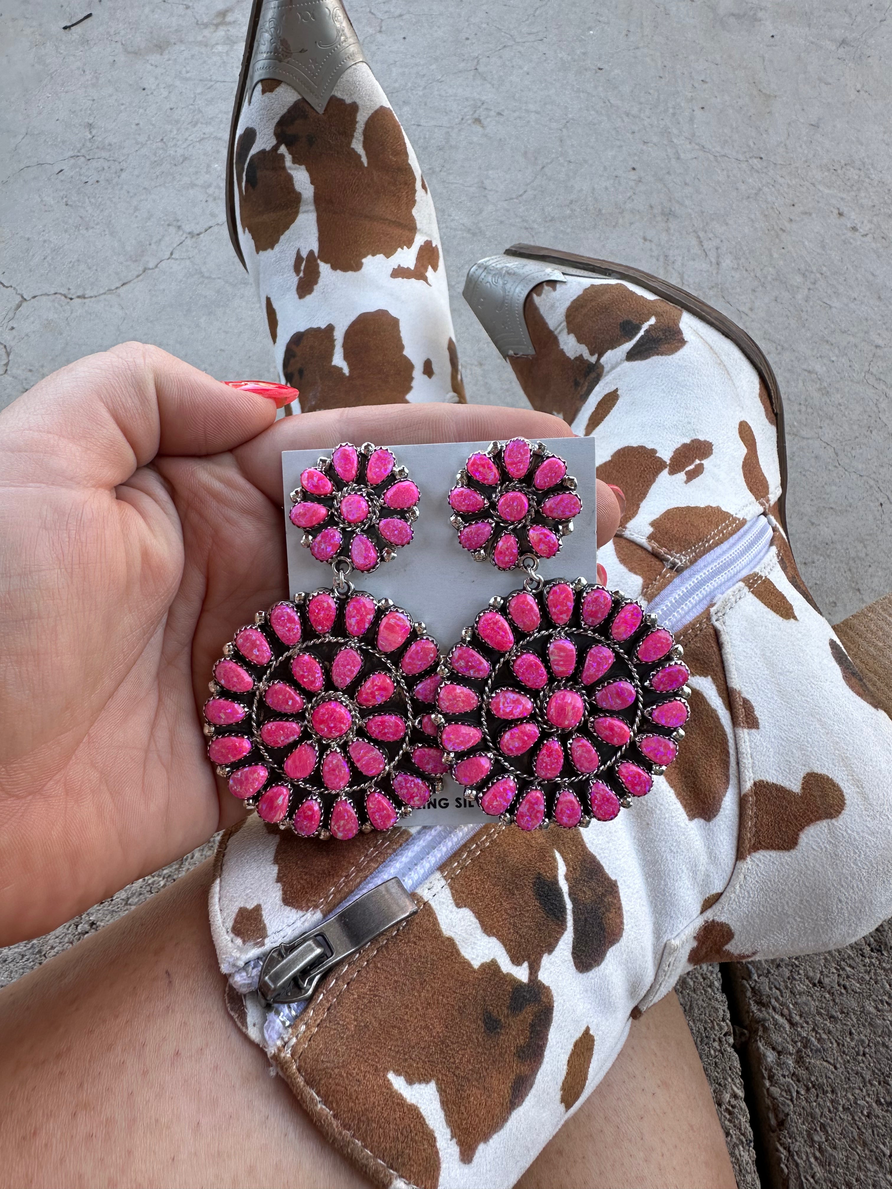 “The Barbie Collection” Handcrafted Pink Opal & Sterling Silver Cluster Dangle Earrings Signed