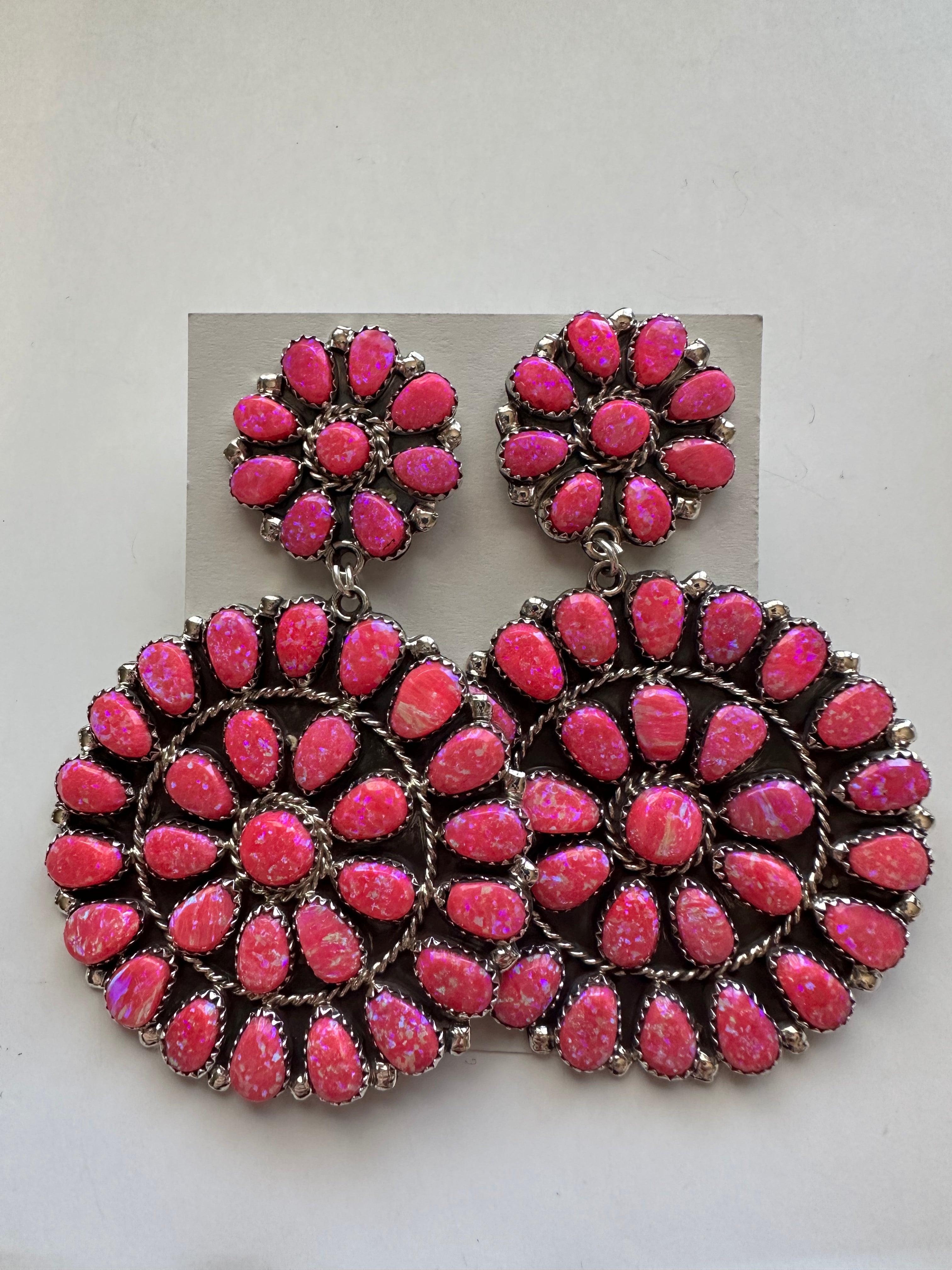 “The Barbie Collection” Handcrafted Pink Opal & Sterling Silver Cluster Dangle Earrings Signed