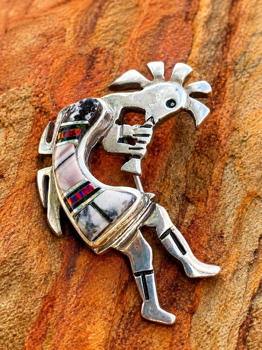 Handcrafted Onyx, Purple Spiny and Fire Opal Sterling Silver Kokopelli Pin Pendant