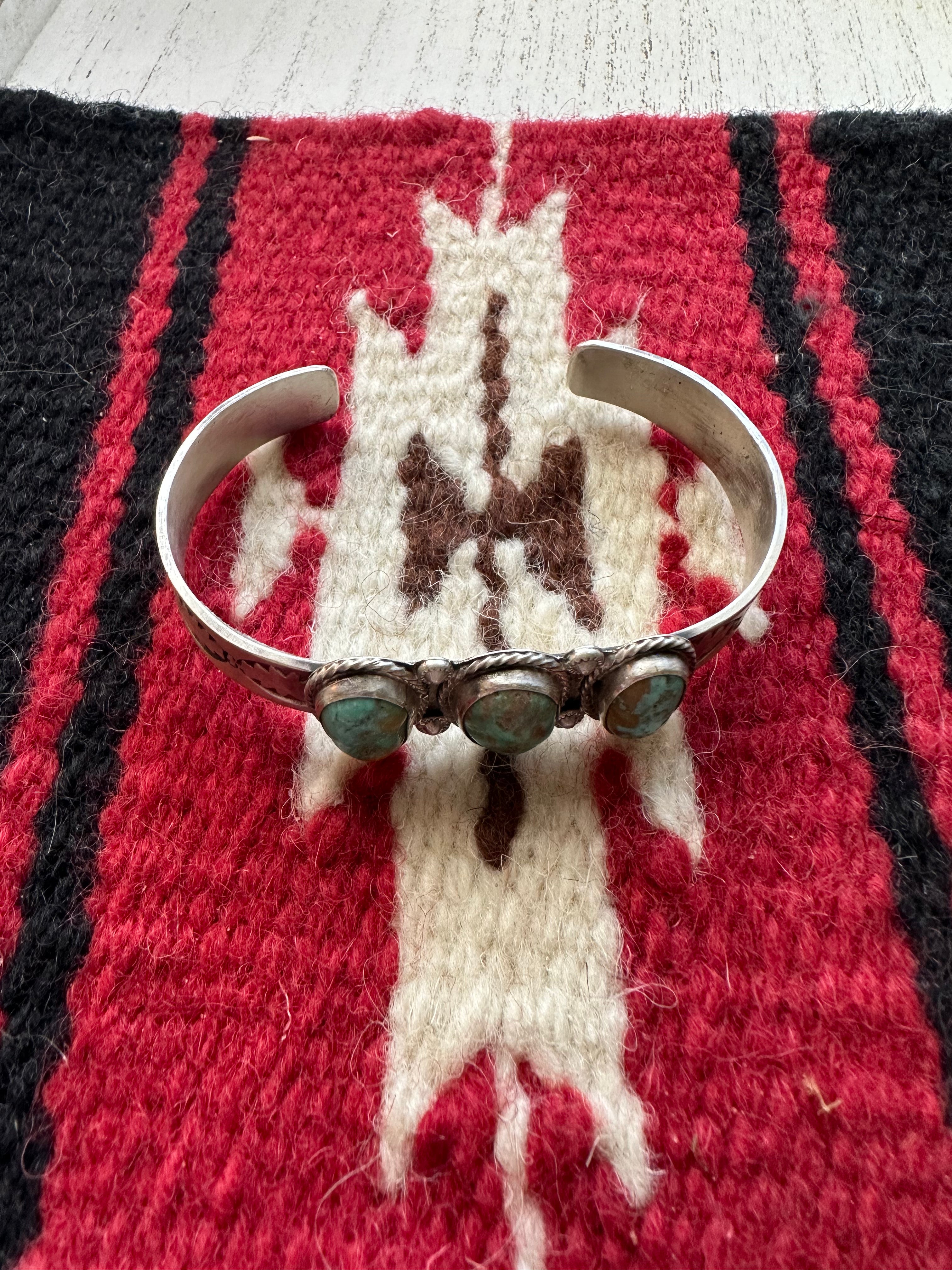 Handcrafted Turquoise & Sterling Silver 3 Stone Adjustable Cuff Bracelet Signed S Cooke