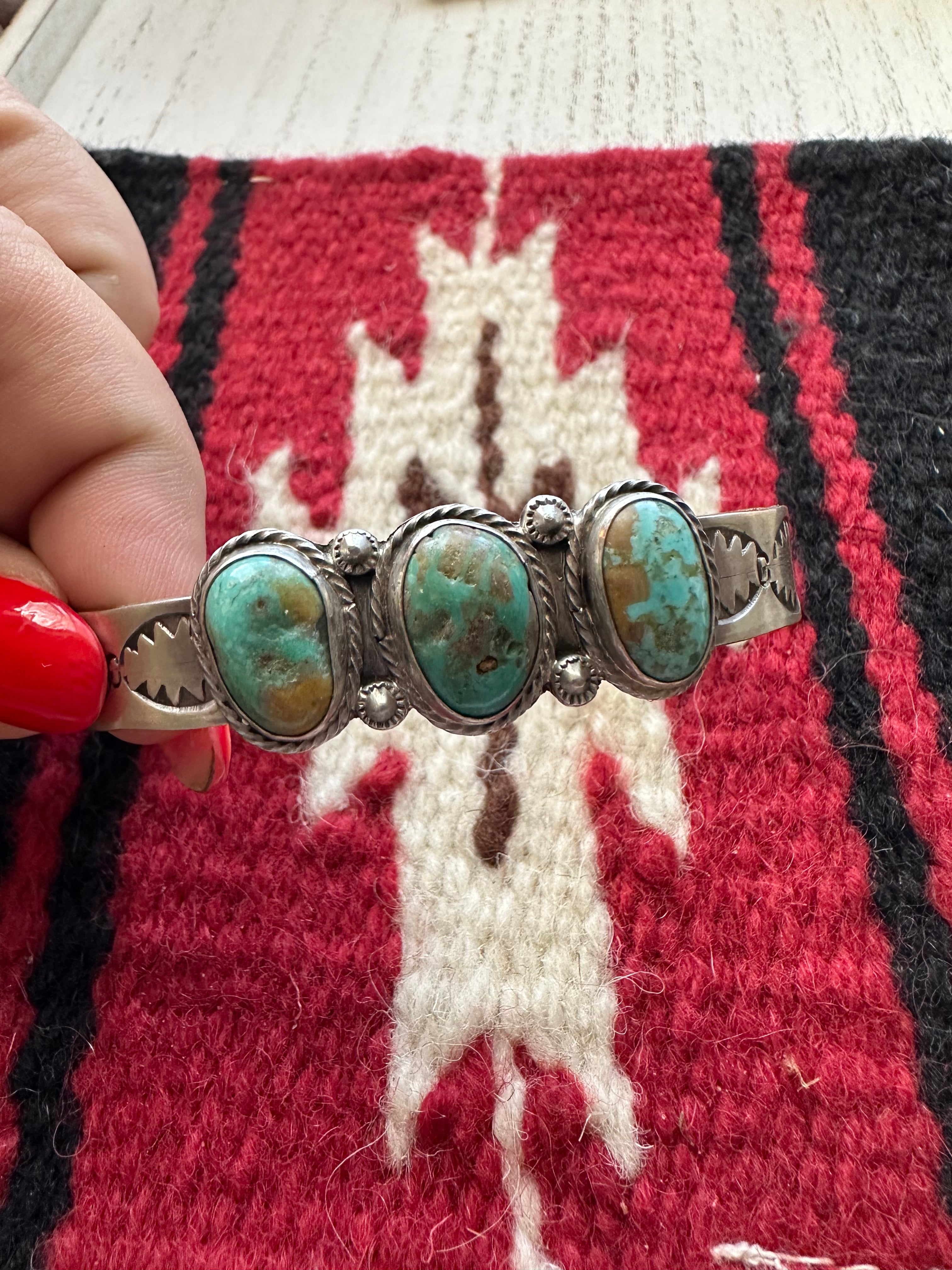 Handcrafted Turquoise & Sterling Silver 3 Stone Adjustable Cuff Bracelet Signed S Cooke