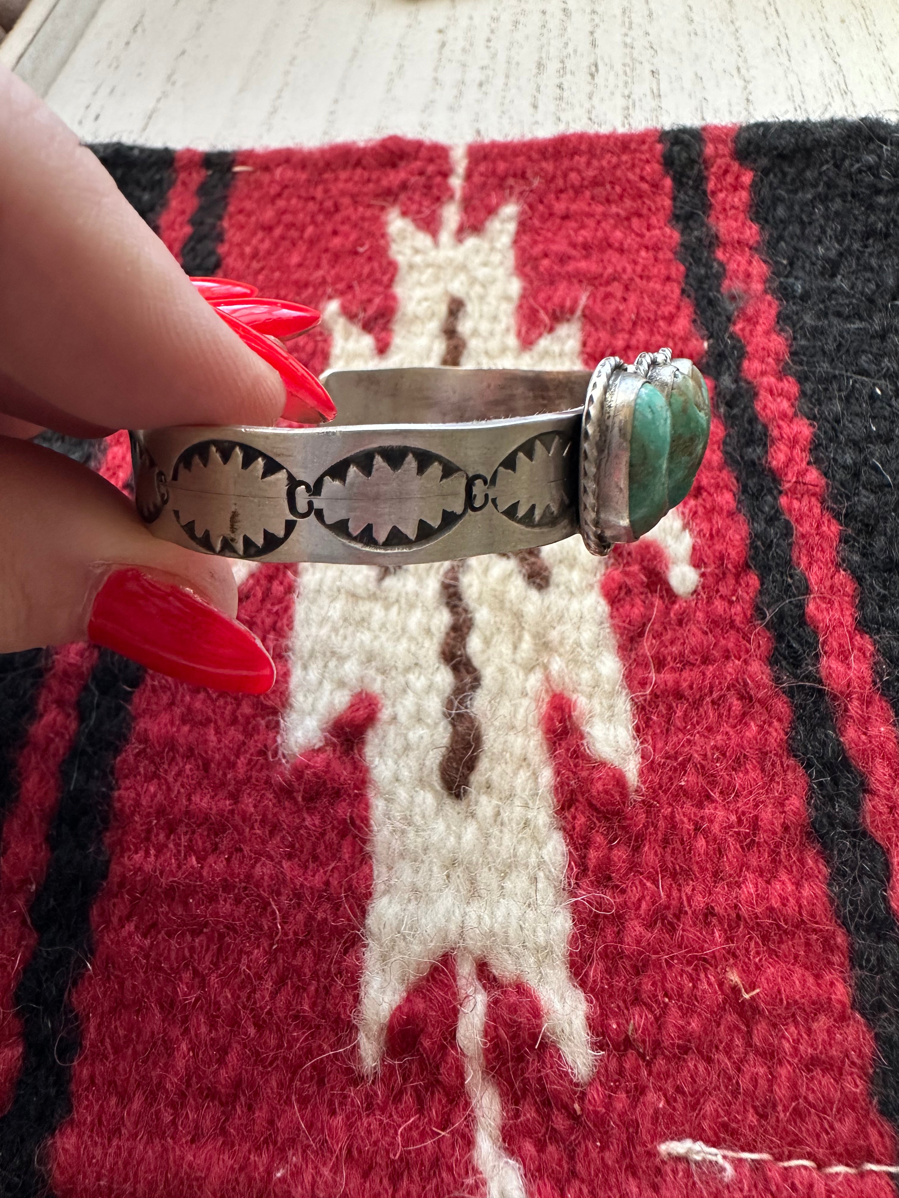 Handcrafted Turquoise & Sterling Silver 3 Stone Adjustable Cuff Bracelet Signed S Cooke