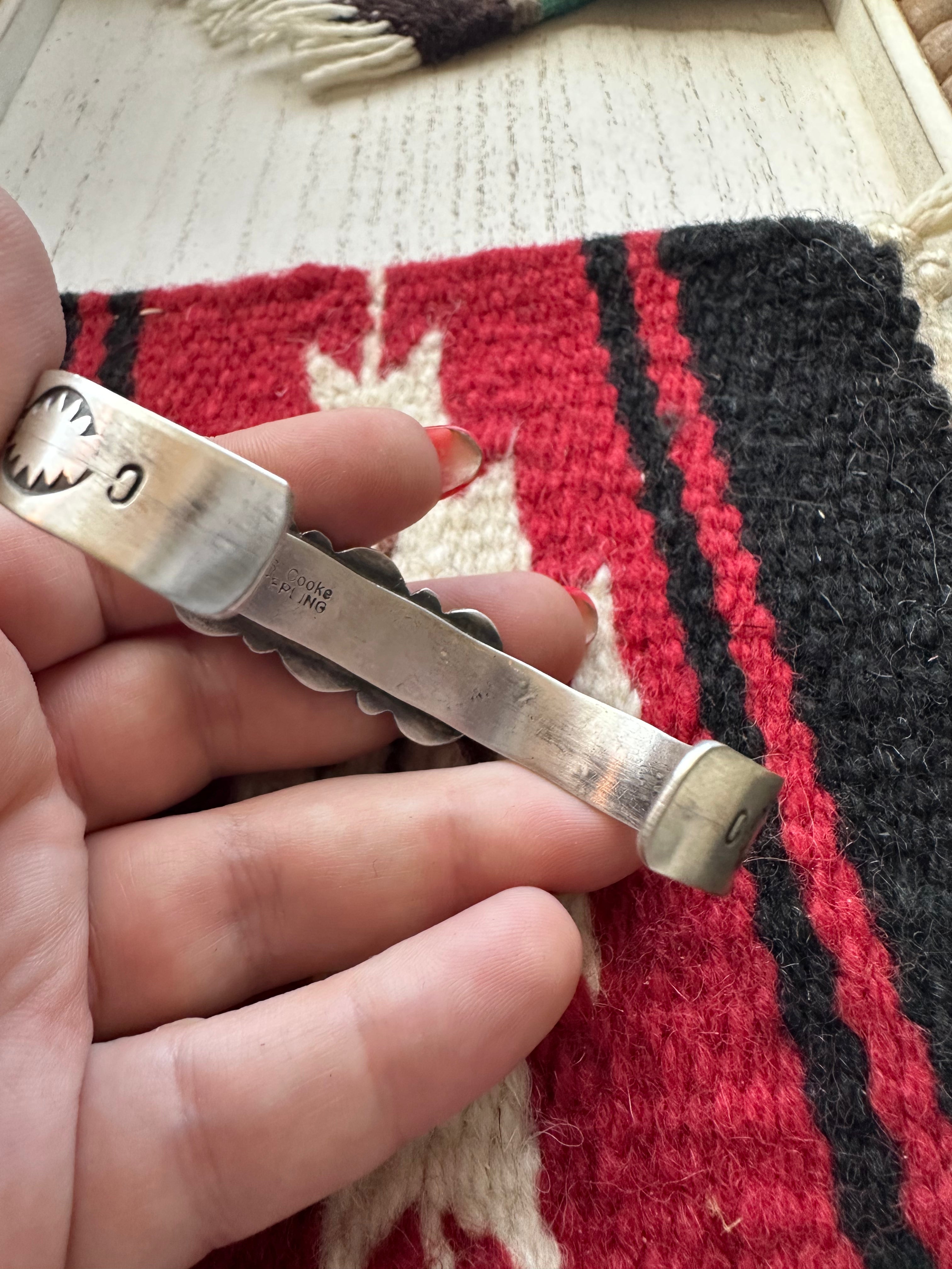 Handcrafted Turquoise & Sterling Silver 3 Stone Adjustable Cuff Bracelet Signed S Cooke