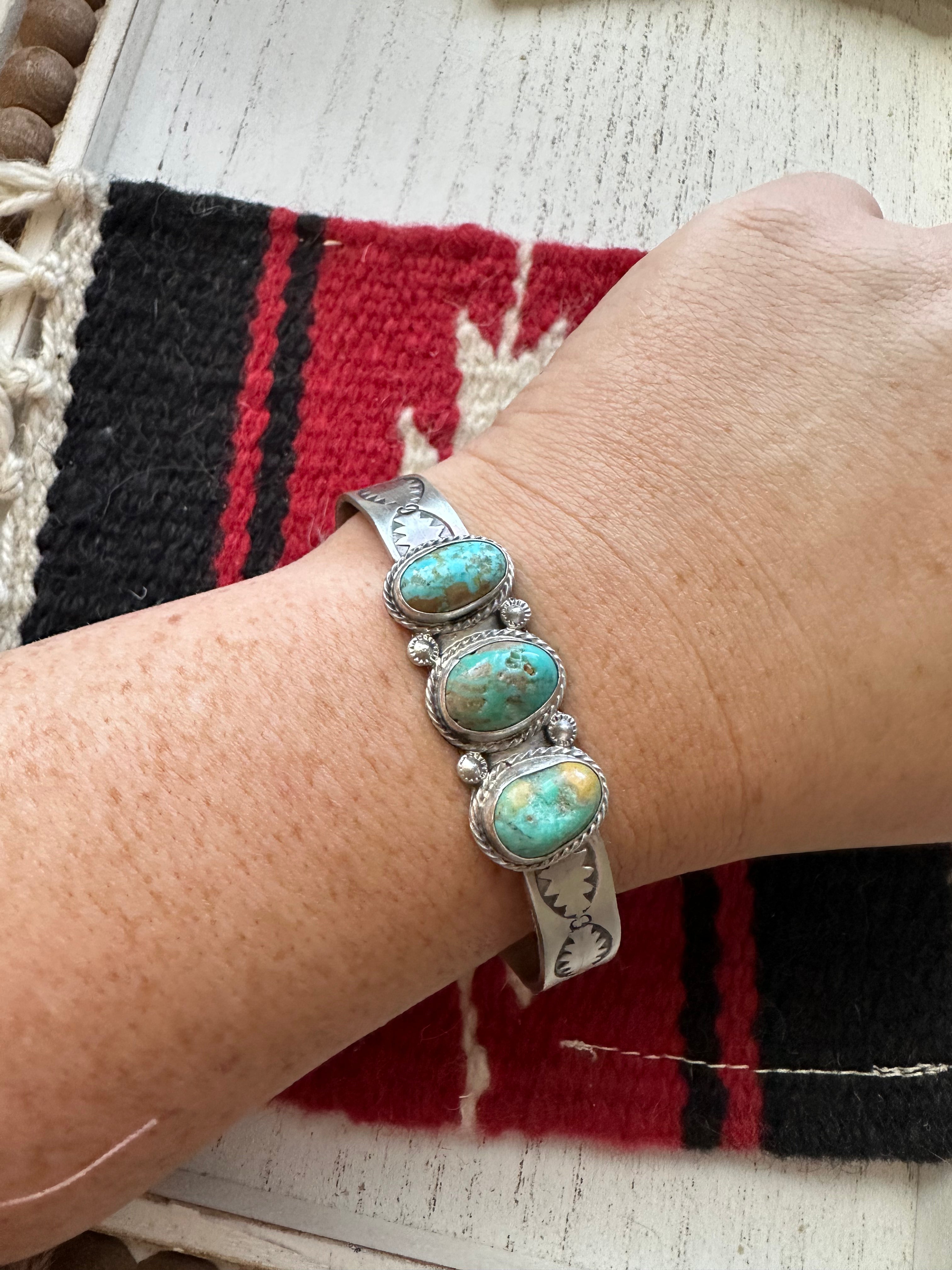 Handcrafted Turquoise & Sterling Silver 3 Stone Adjustable Cuff Bracelet Signed S Cooke