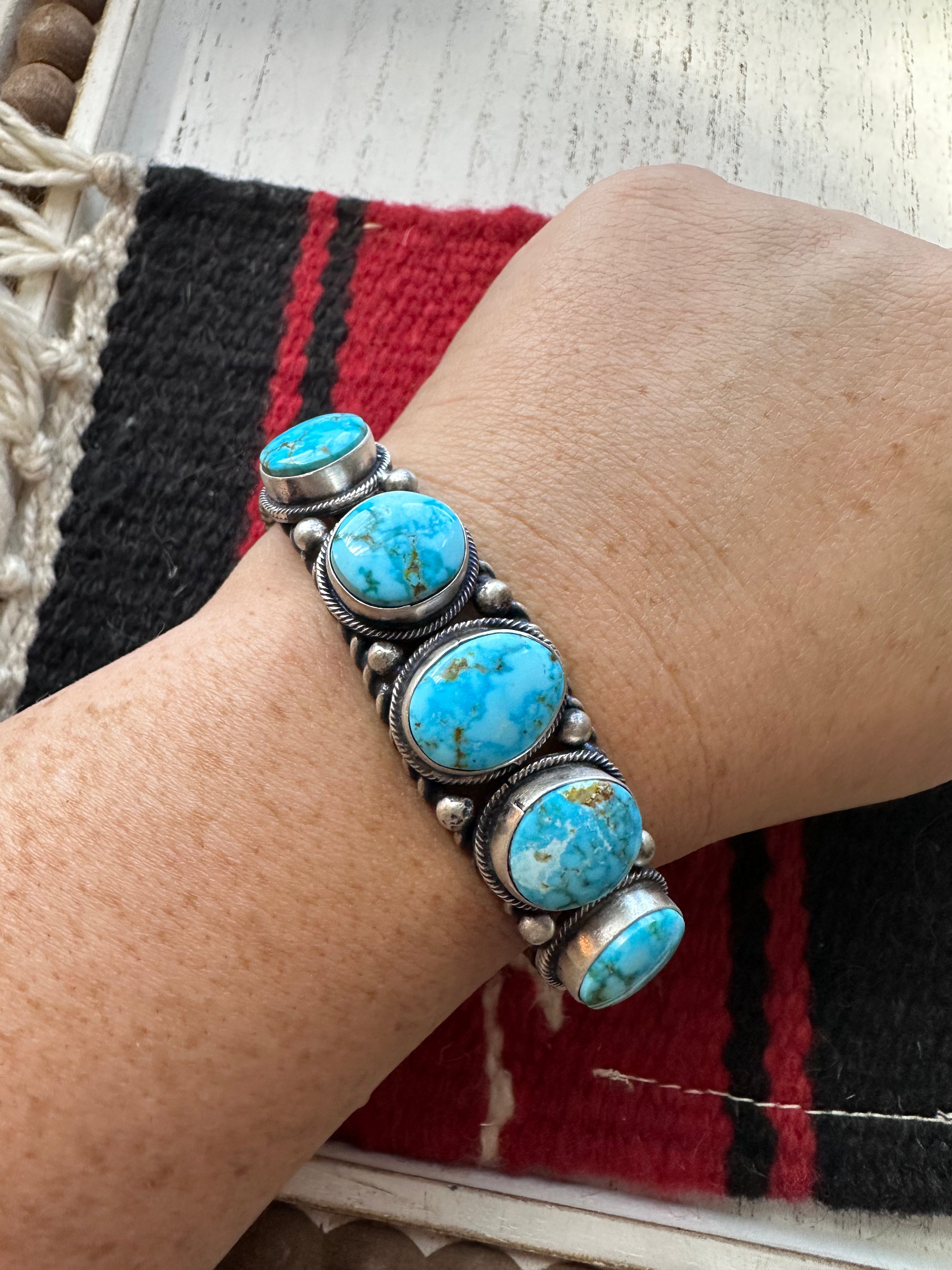 Navajo Sterling Silver & Turquoise 5 Stone Cuff Bracelet By B Johnson /
