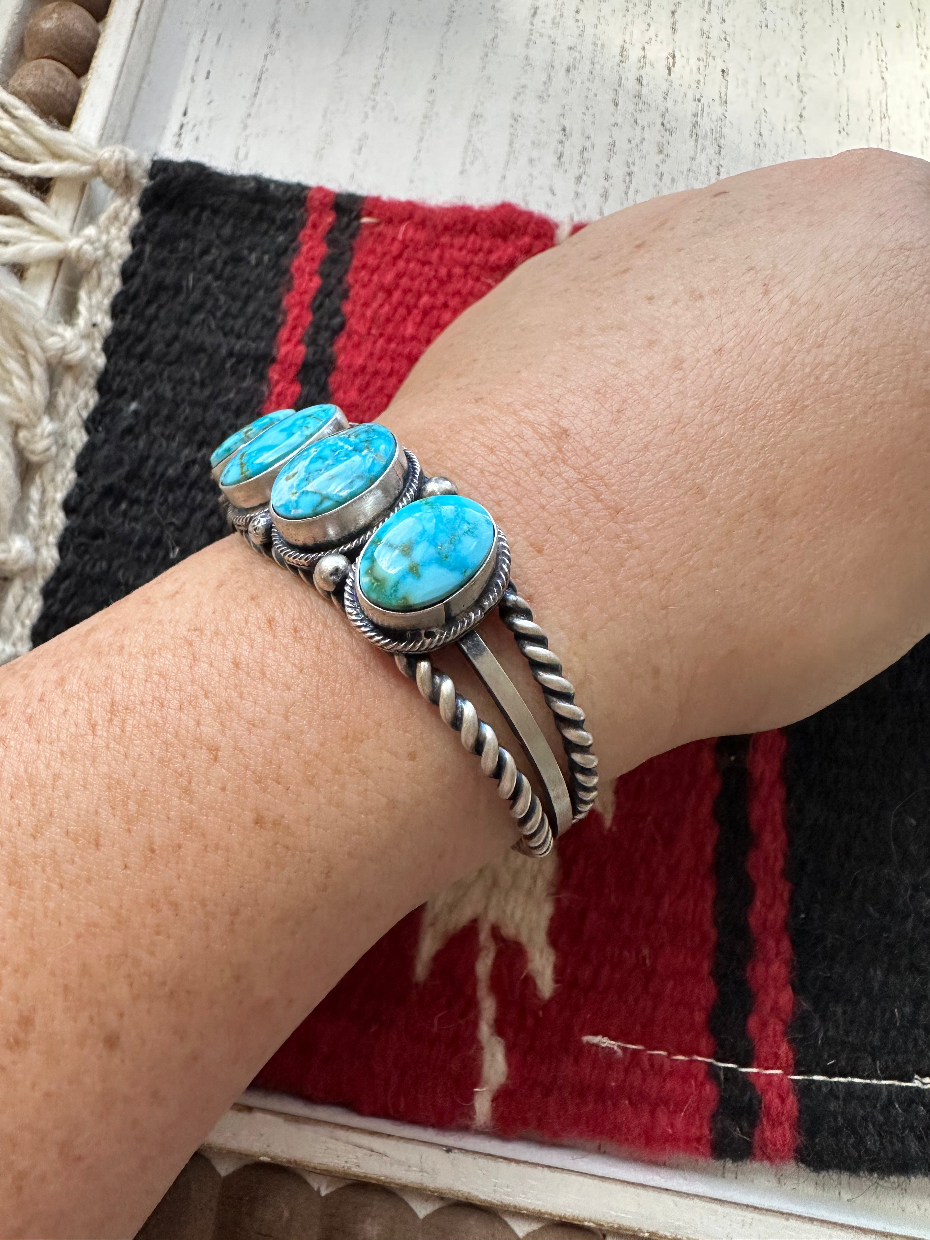 Navajo Sterling Silver & Turquoise 5 Stone Cuff Bracelet By B Johnson /