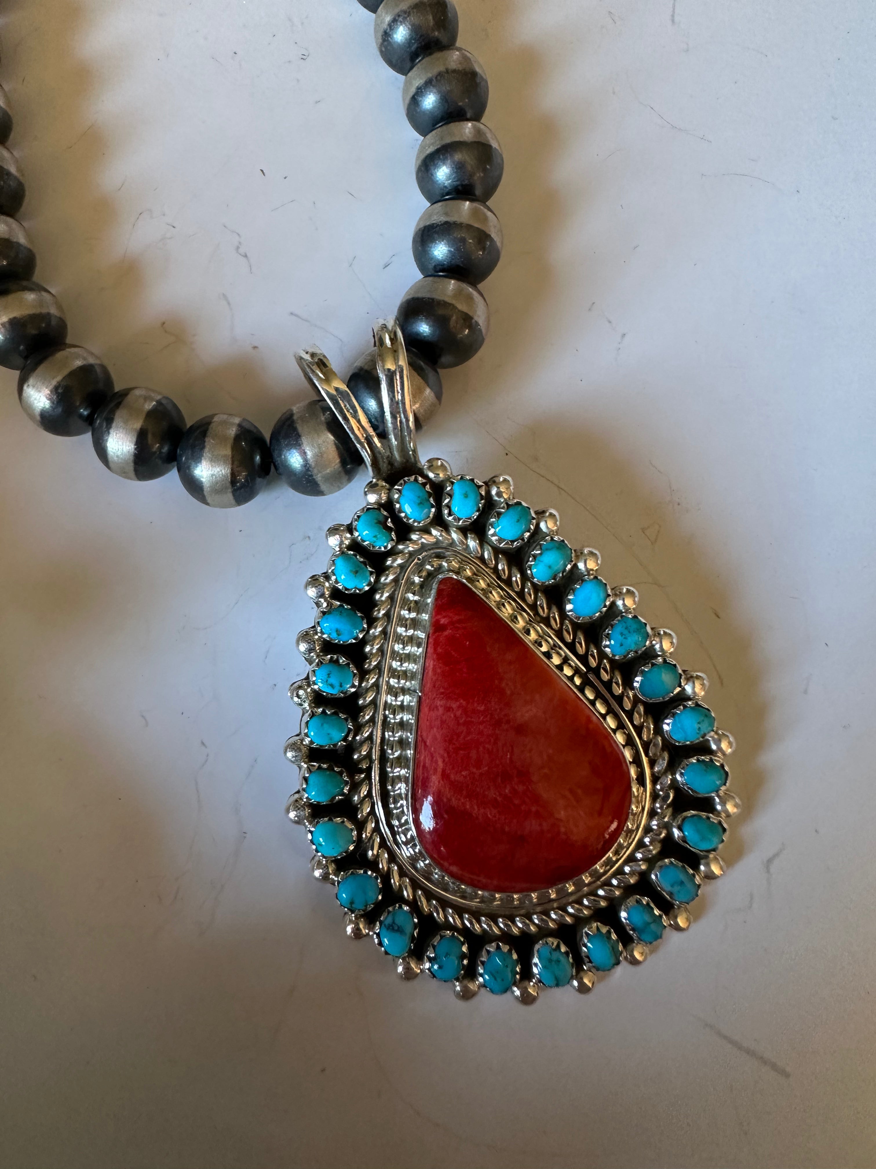 Handcrafted Sterling Silver Spiny Oyster And Turquoise Pendant Signed