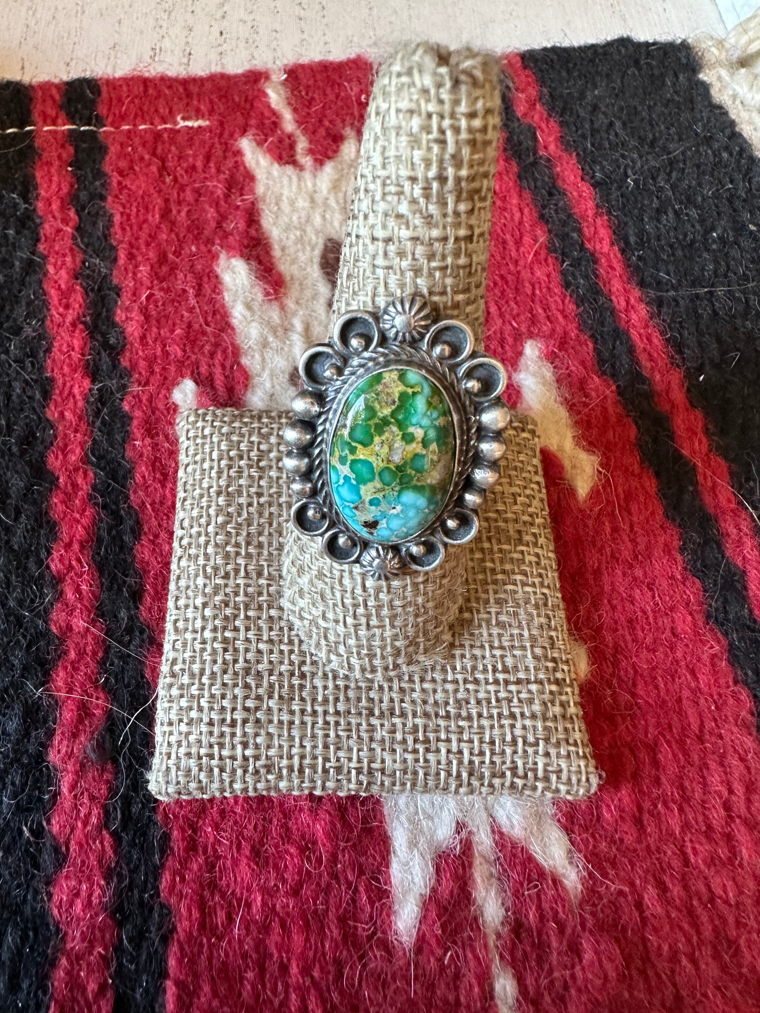 Navajo Sonoran Mountain Turquoise & Sterling Silver Single Stone Ring Size 8.5 Signed S.Tso