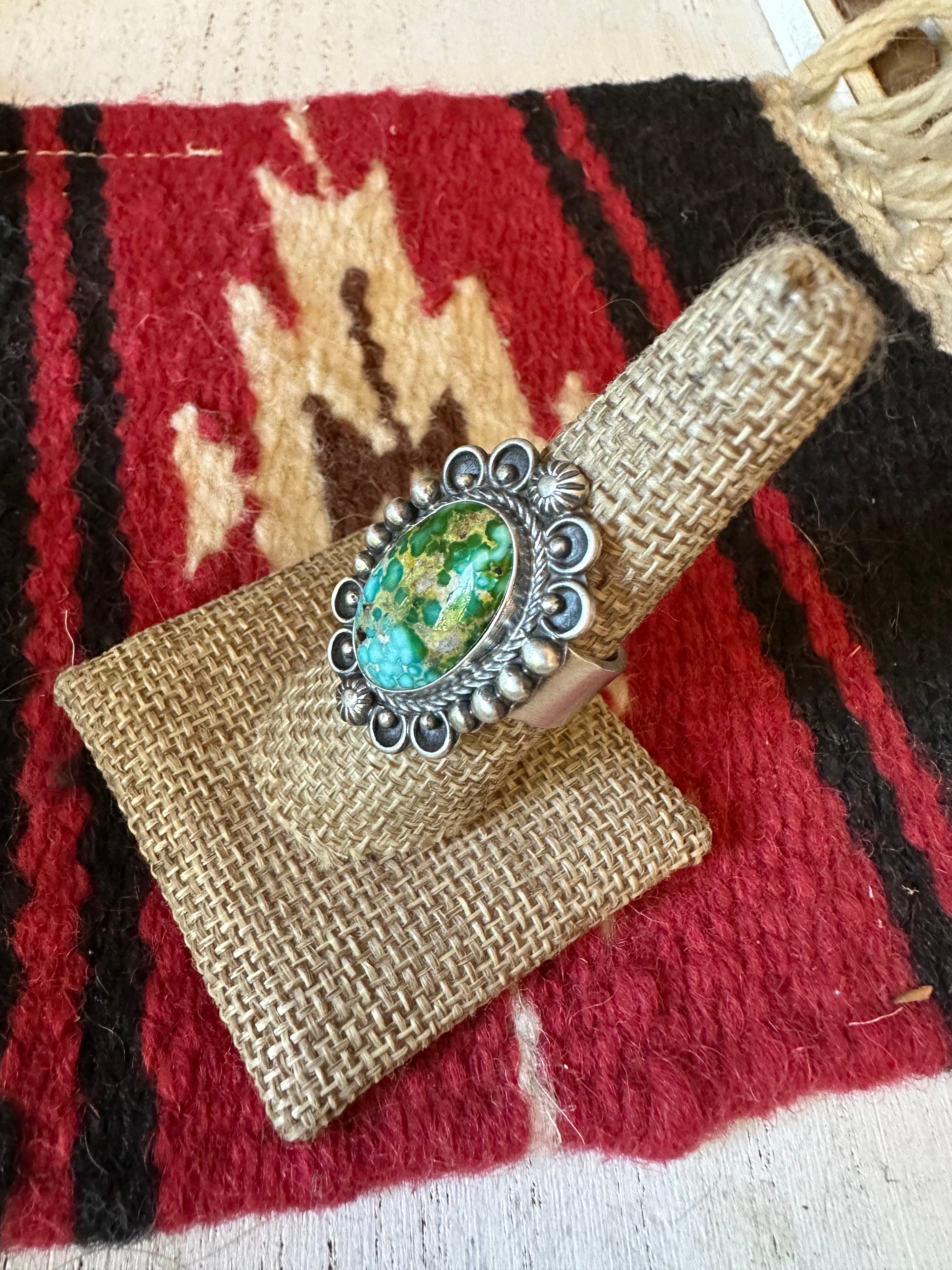Navajo Sonoran Mountain Turquoise & Sterling Silver Single Stone Ring Size 8.5 Signed S.Tso
