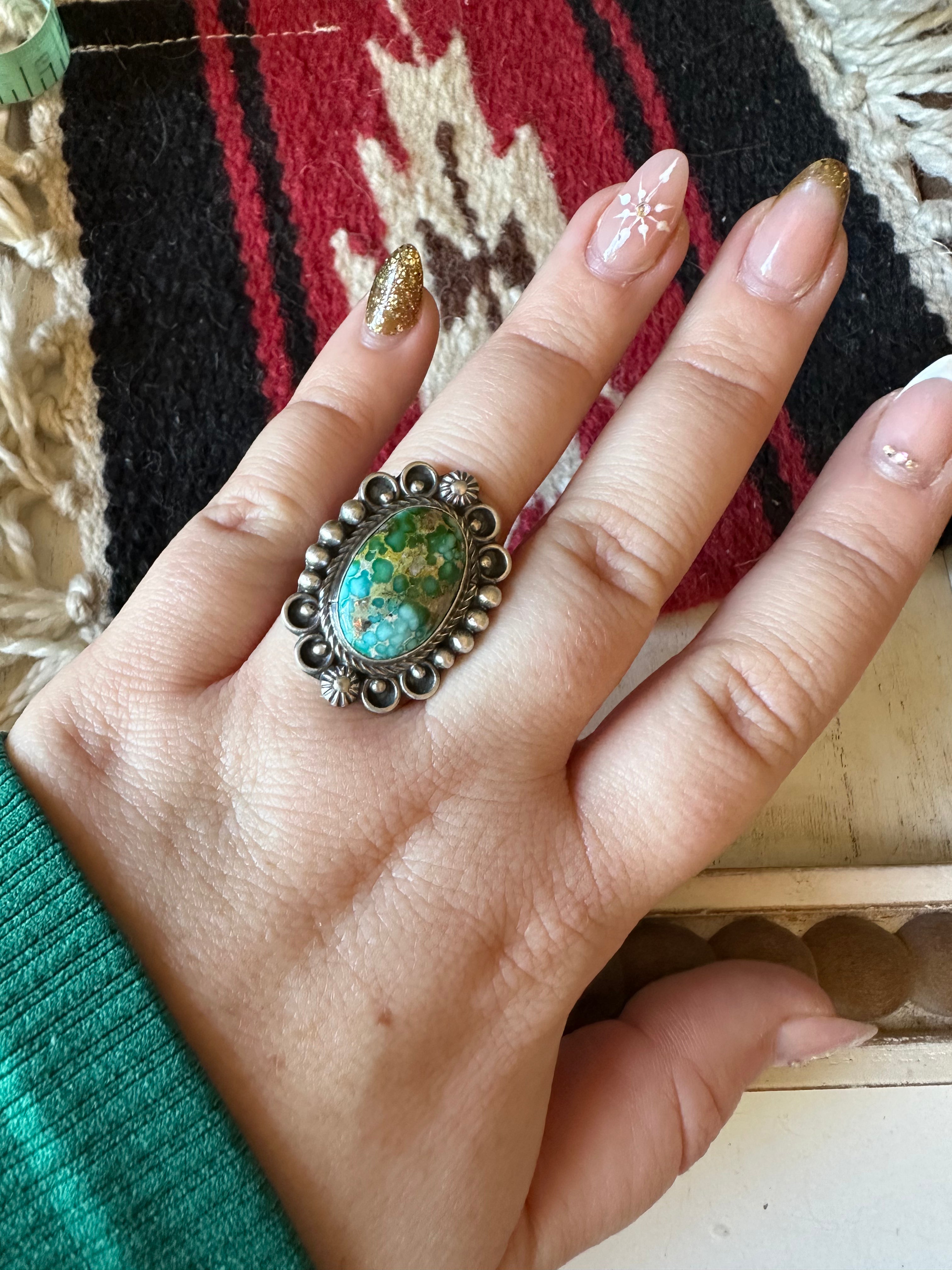 Navajo Sonoran Mountain Turquoise & Sterling Silver Single Stone Ring Size 8.5 Signed S.Tso