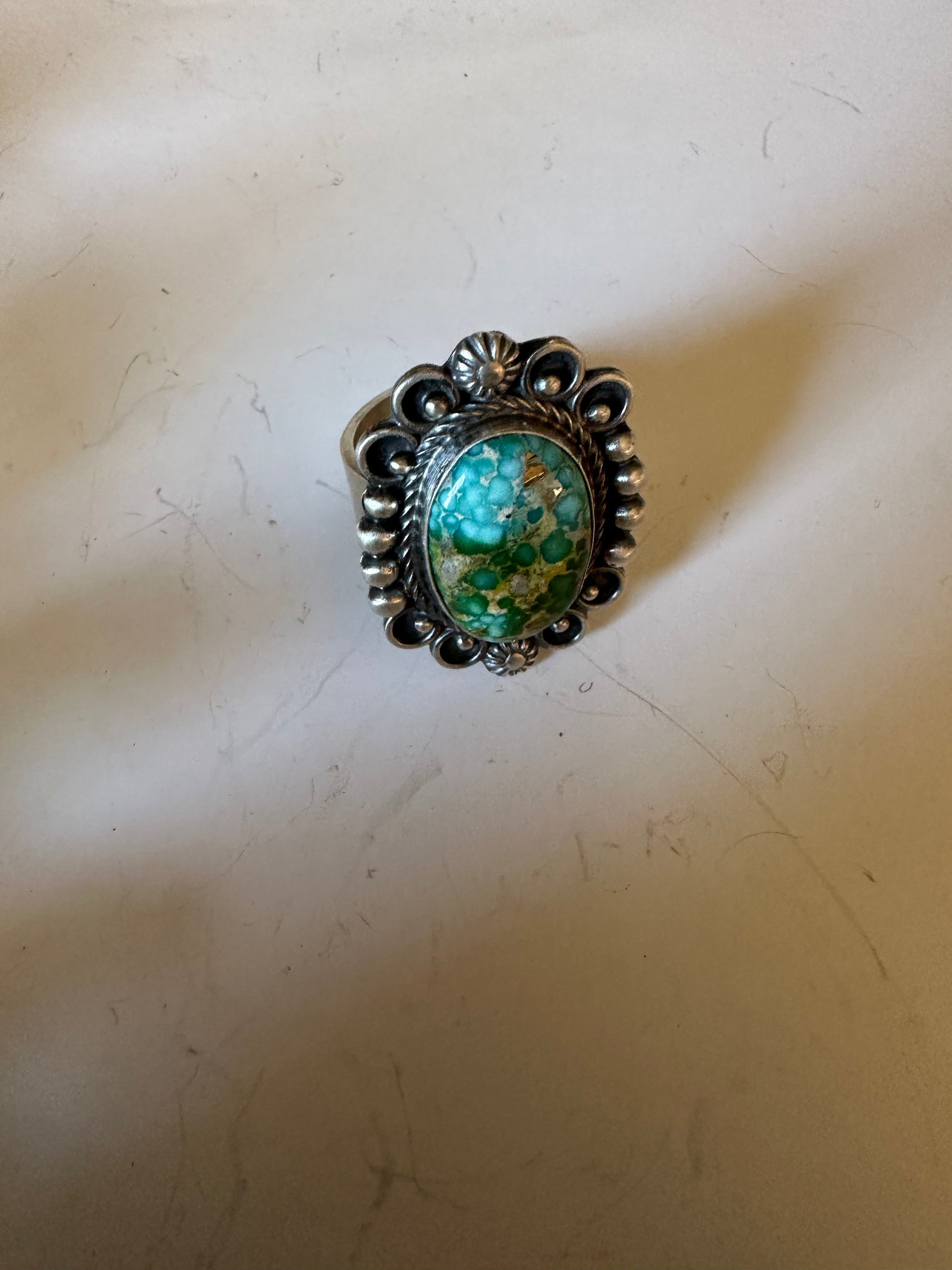 Navajo Sonoran Mountain Turquoise & Sterling Silver Single Stone Ring Size 8.5 Signed S.Tso