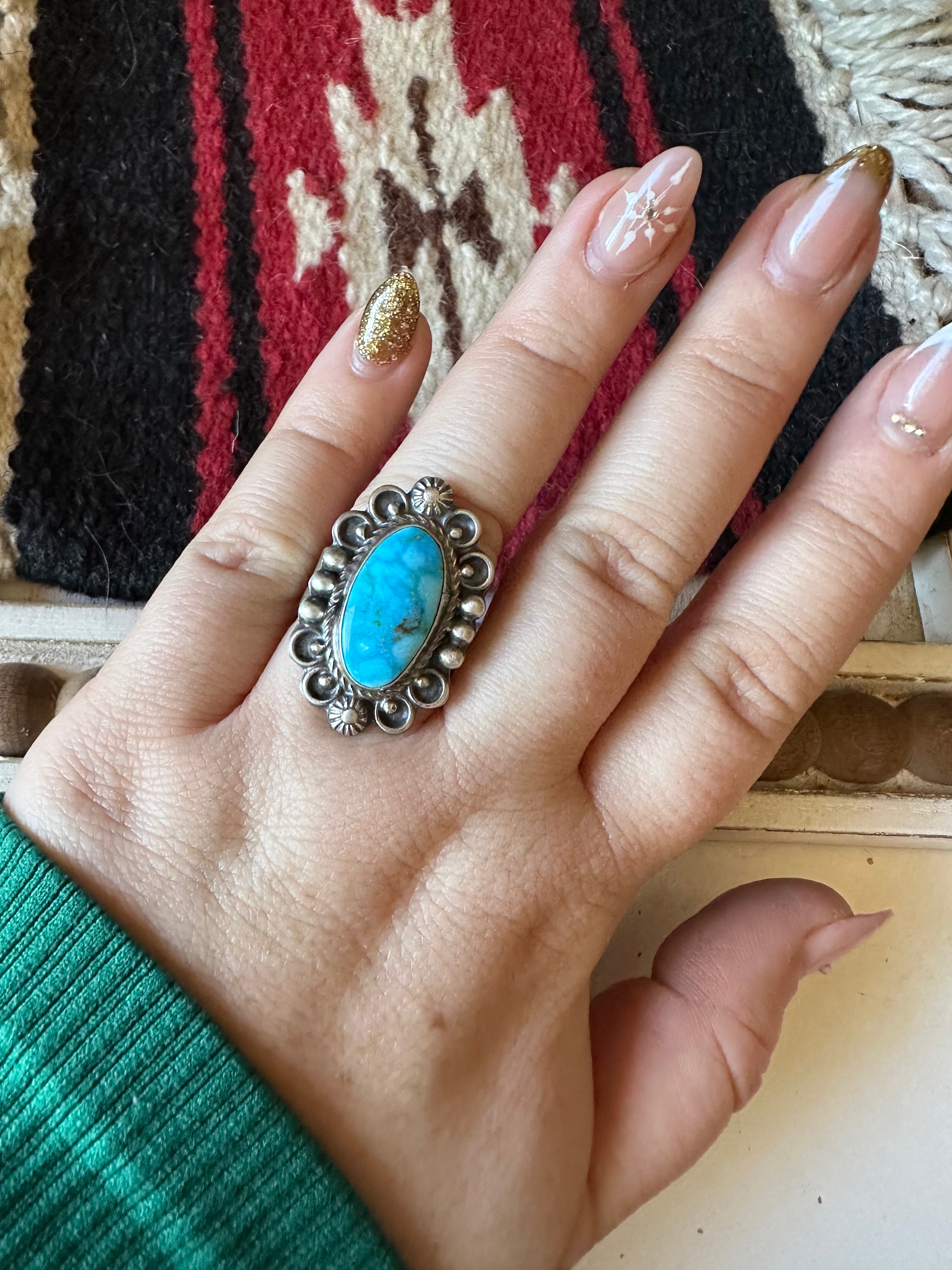 Handcrafted Sonoran Mountain Turquoise & Sterling Silver Single Stone Ring Size 8 Signed S.Tso