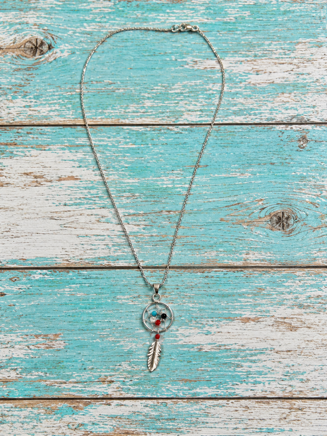 Southwestern Dreamcatcher Feather Multi Stone Pendant Sterling Silver Necklace