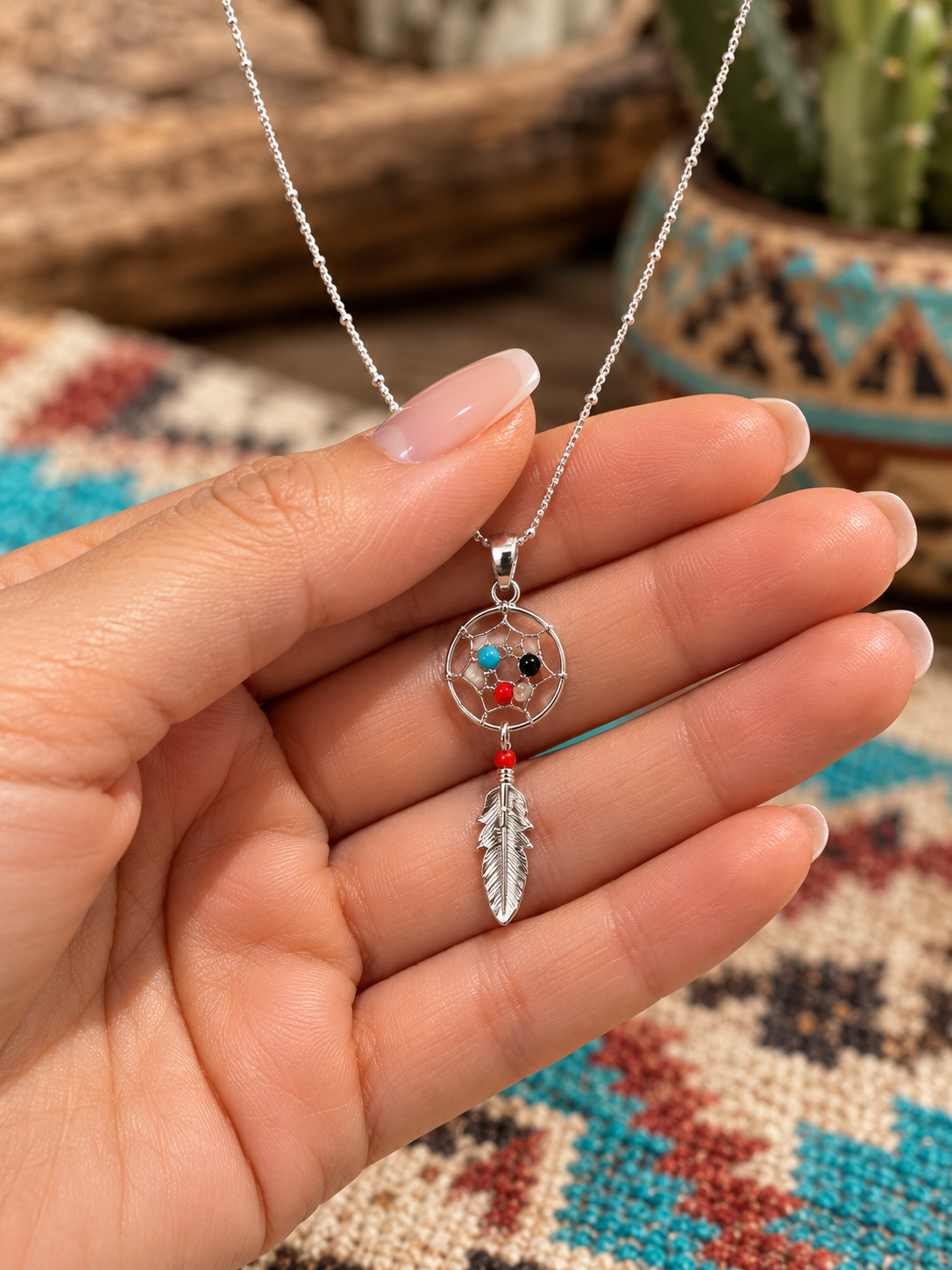 Southwestern Dreamcatcher Feather Multi Stone Pendant Sterling Silver Necklace