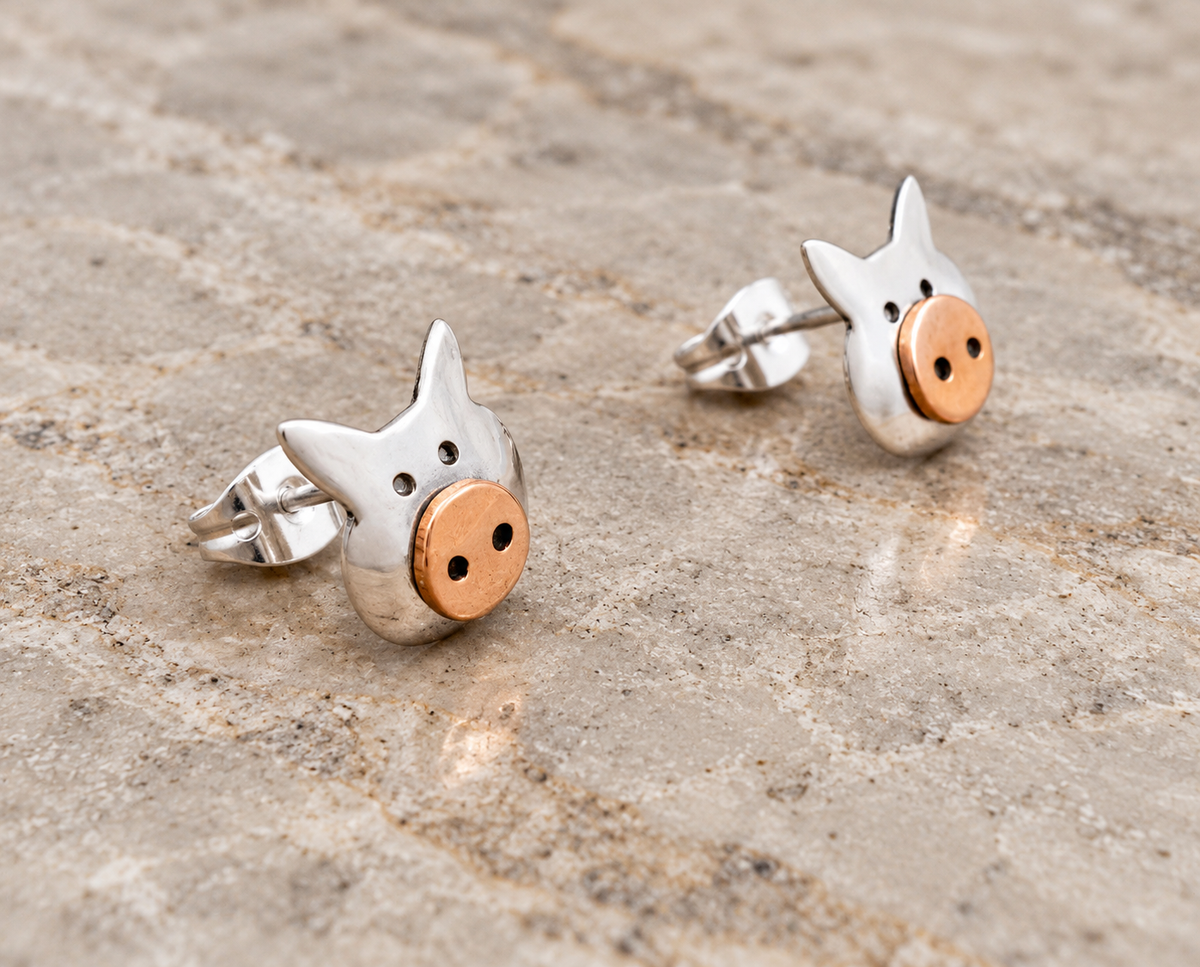 Copper & Sterling Silver Piggy Stud Post Earrings