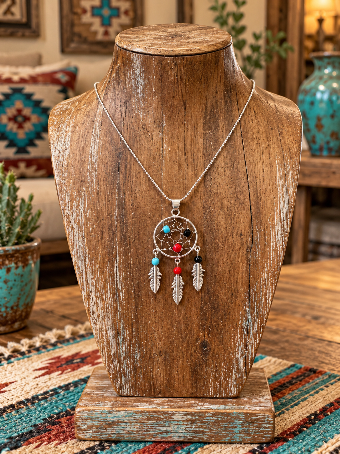 Southwestern Dreamcatcher Feather Multi Stone Pendant Sterling Silver Necklace- Larger
