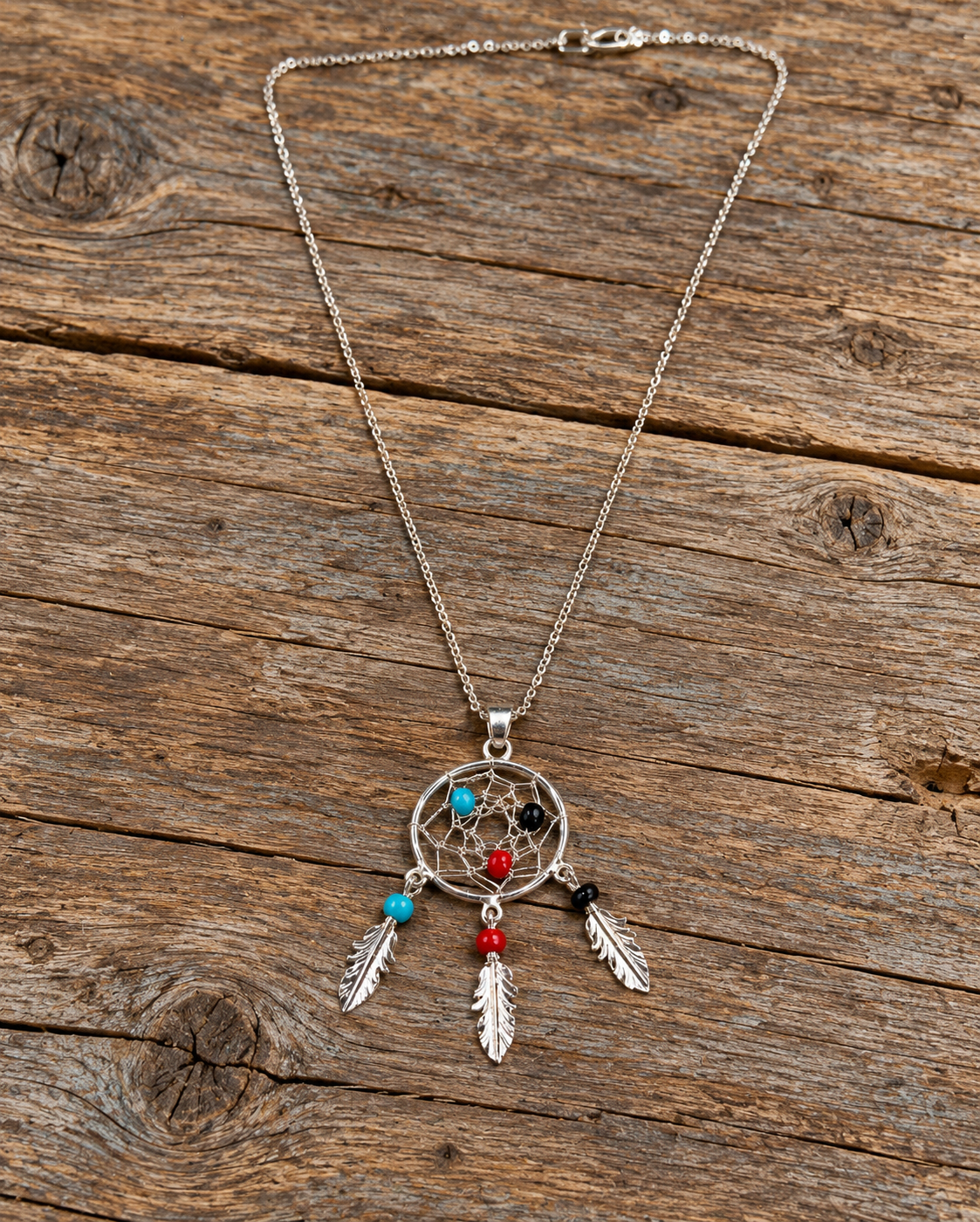 Southwestern Dreamcatcher Feather Multi Stone Pendant Sterling Silver Necklace- Larger