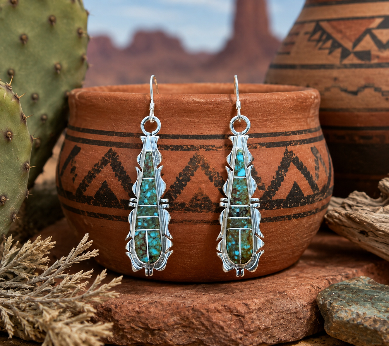 Handcrafted Turquoise 8 & Sterling Silver Jagged Club Dangle Earrings