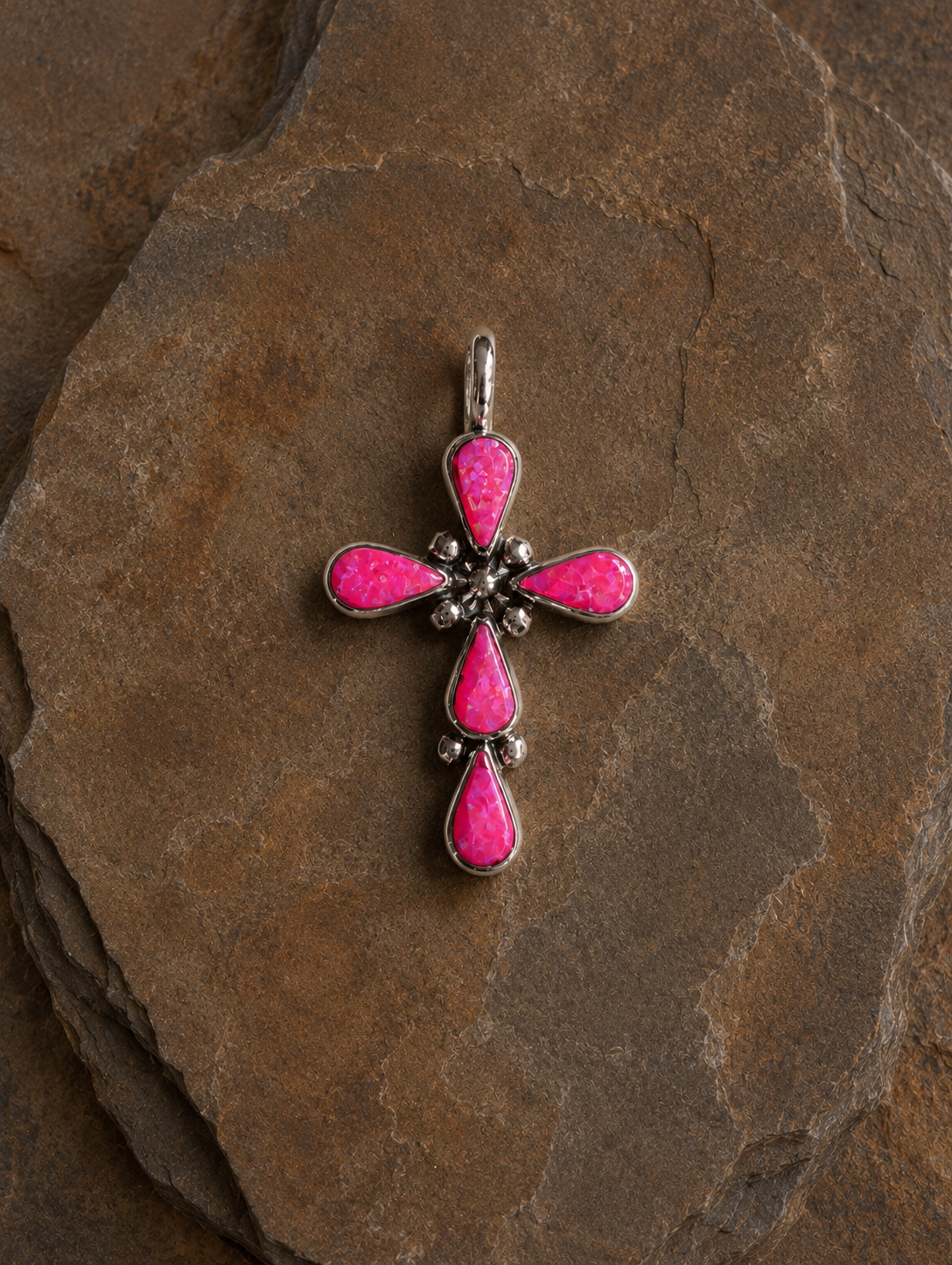 Handcrafted Hot Pink Fire Opal Sterling Silver Cross Pendant