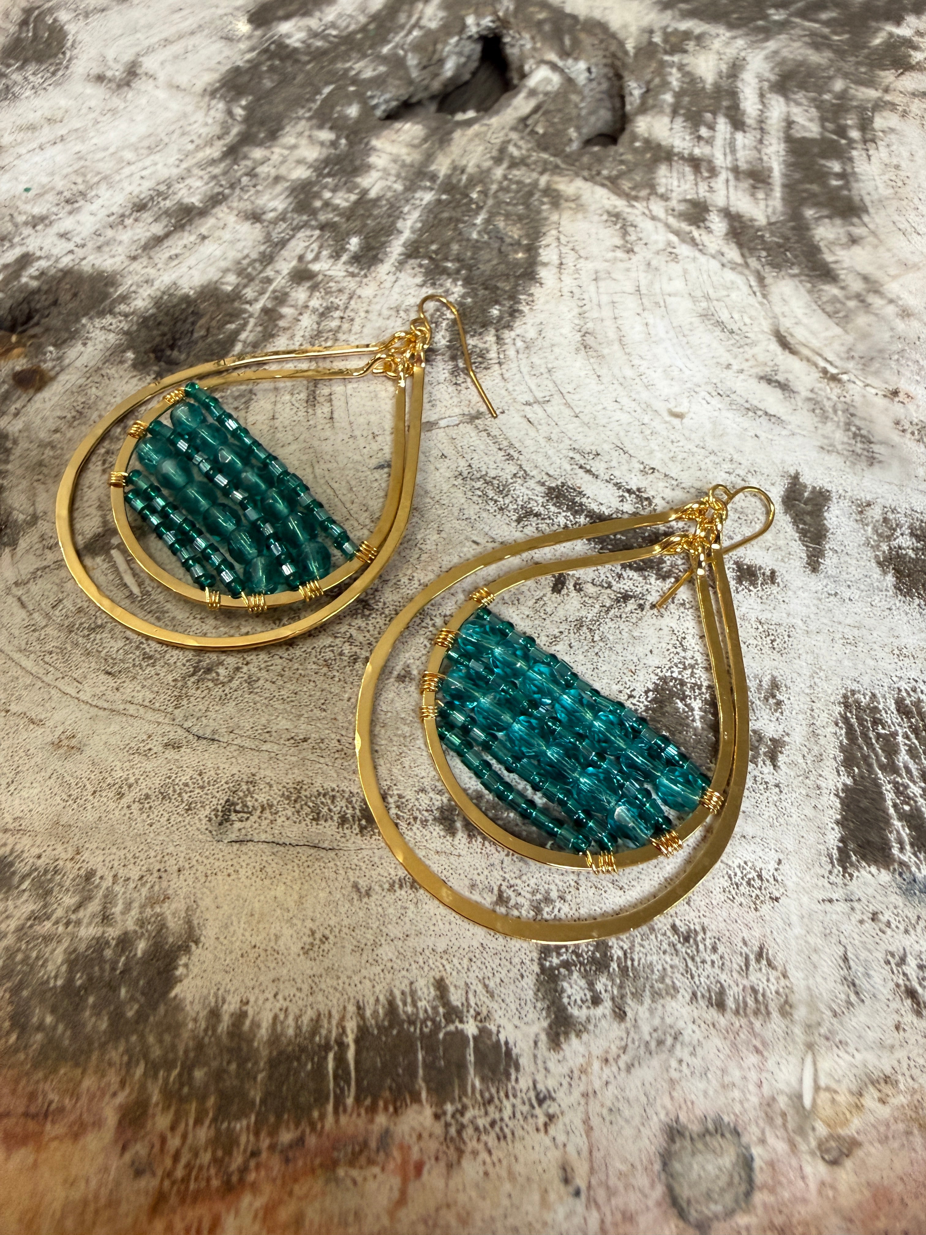 “The Golden Collection” Goldie Double Hoop Handmade Turquoise Beaded & 14k Gold Plated Earrings