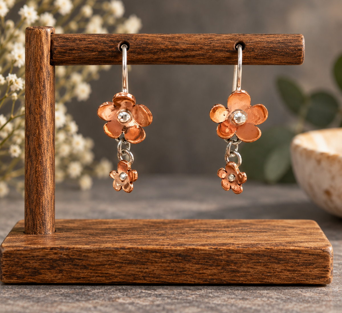 Copper & Sterling Silver Dangle Flowers Earrings
