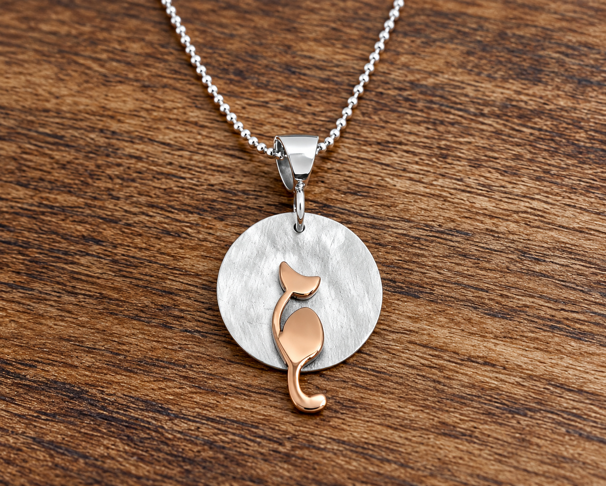 Copper Cat on Hammered Sterling Silver Disc Necklace