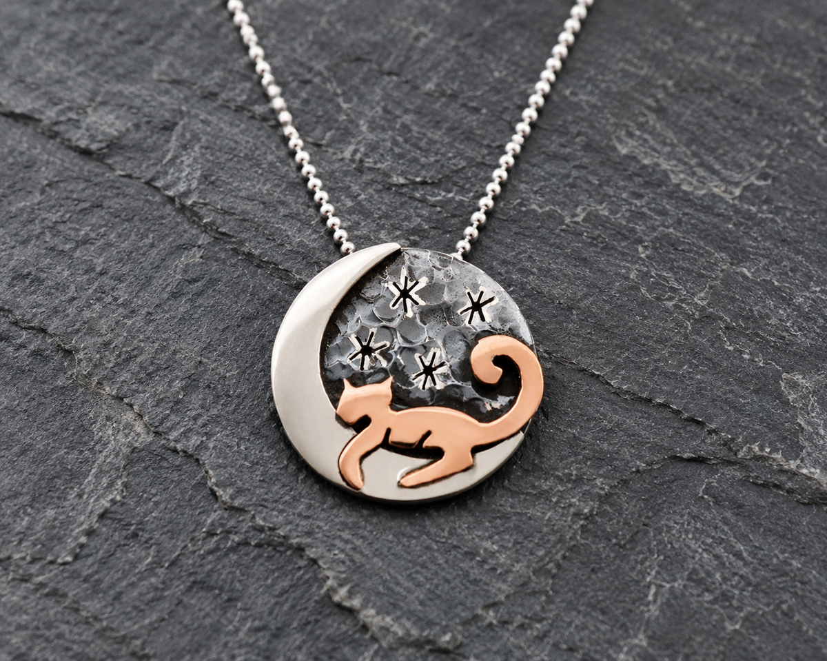 Cat on Starry Moon Sterling Silver & Copper Necklace