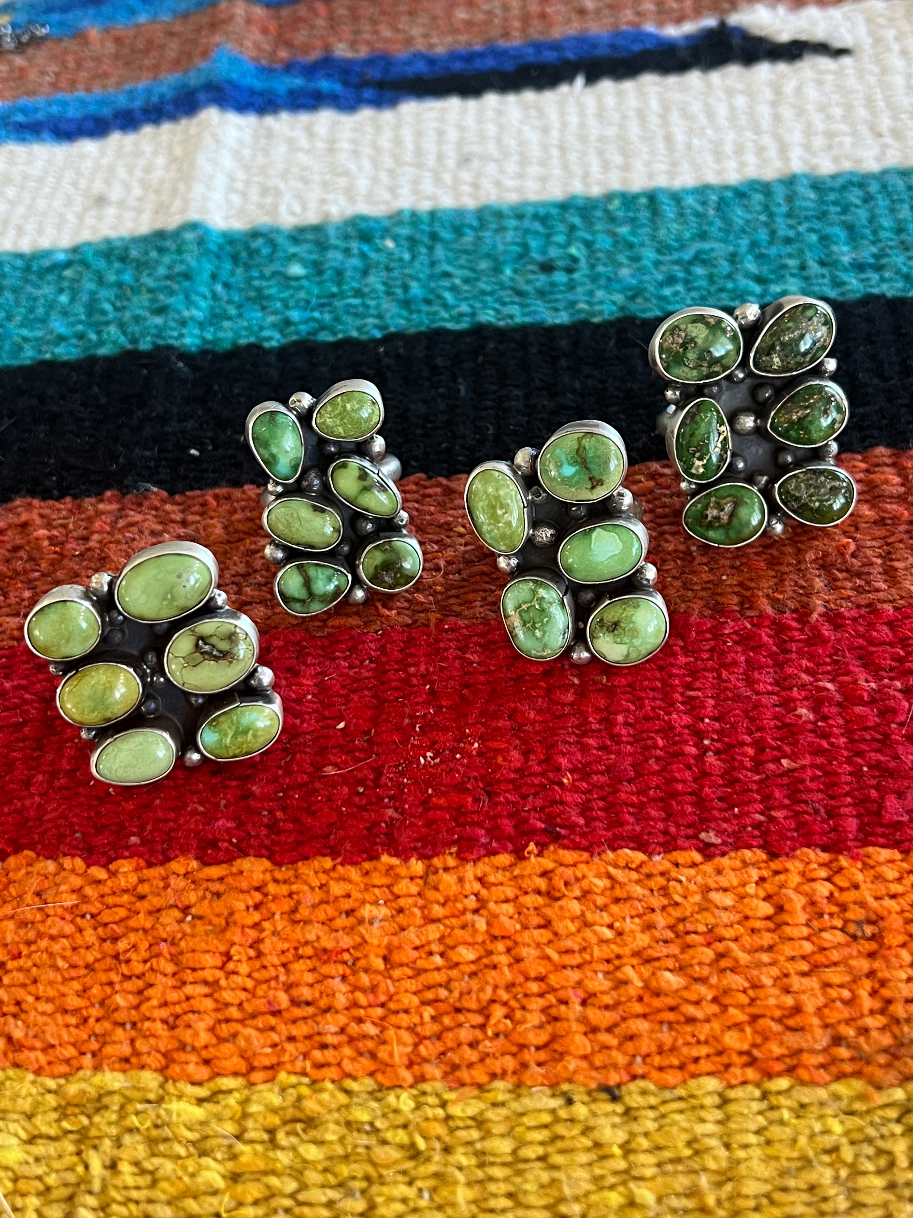 Handcrafted Sterling Silver and Sonoran Gold Turquoise Cluster Rings by Travis Jim, Size 8