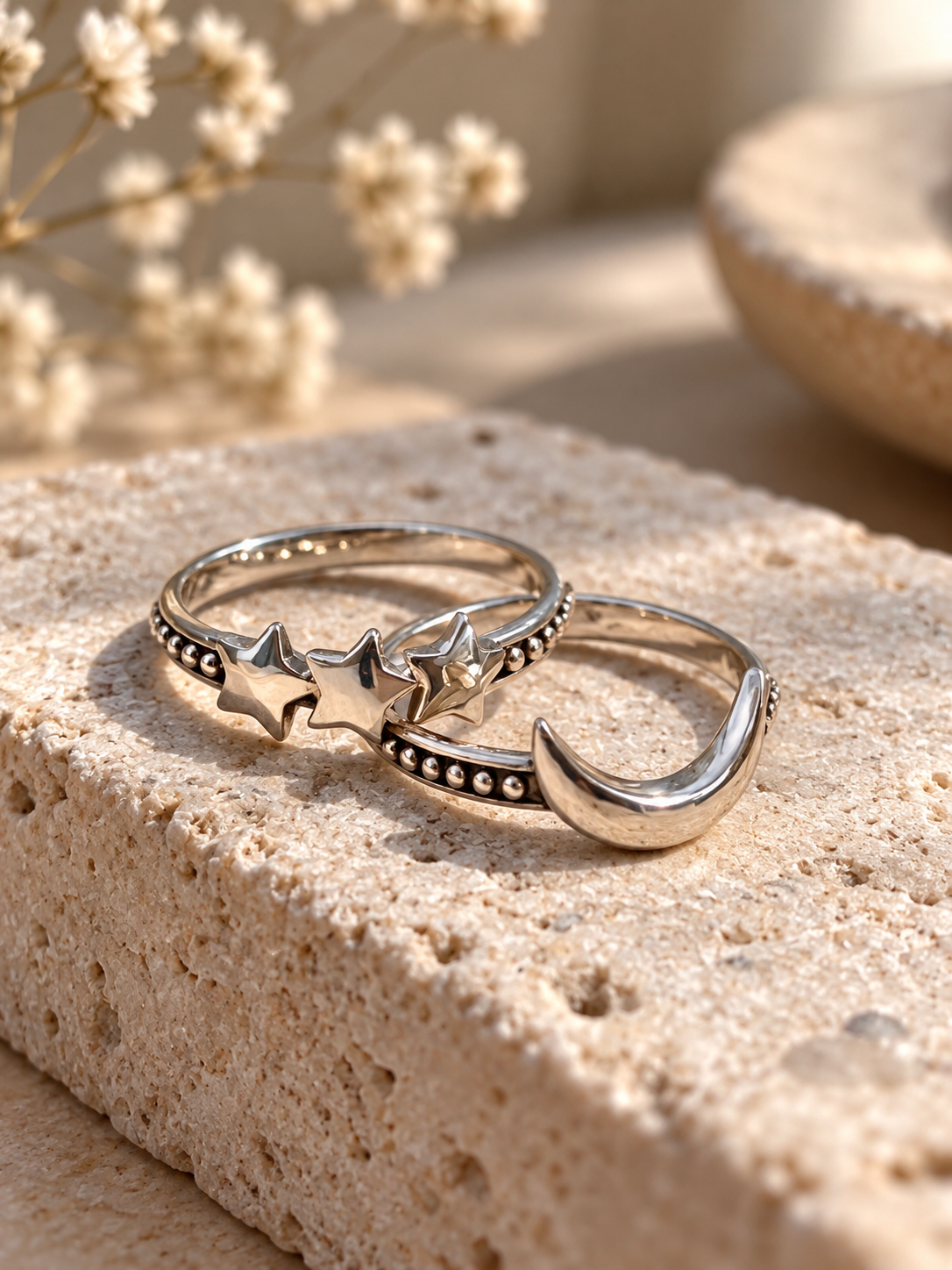 Crescent Moon & 3 Stars Sterling Silver Rings set of 2