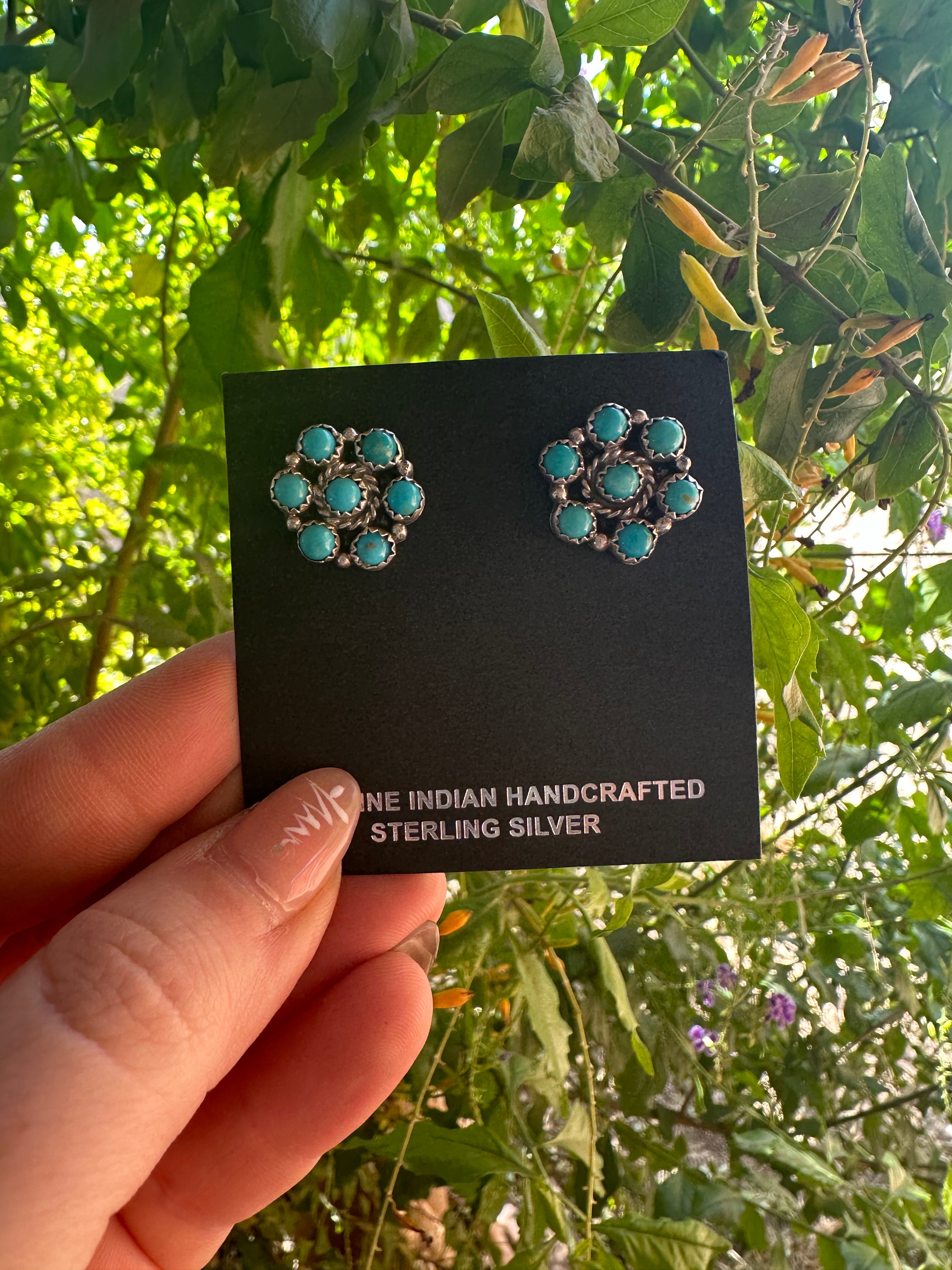 Handcrafted Turquoise And Sterling Silver 7 Stone Flower Post Earrings