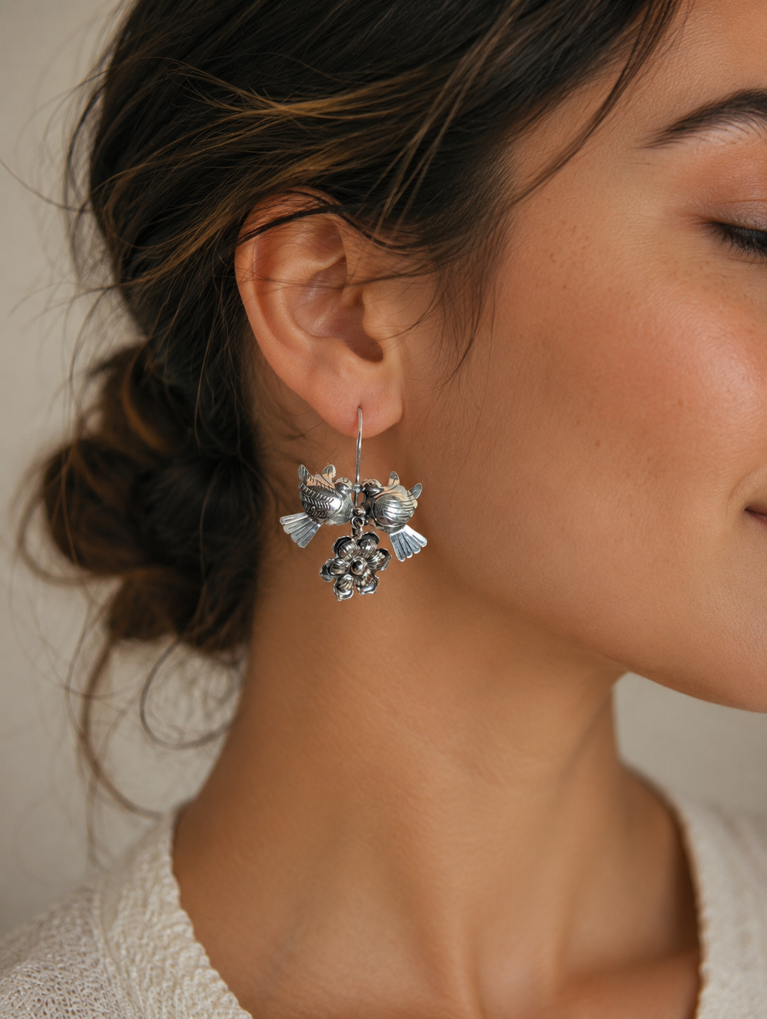 LoveBird Kissing Doves With Flower Blossom Sterling Silver Dangle Earrings