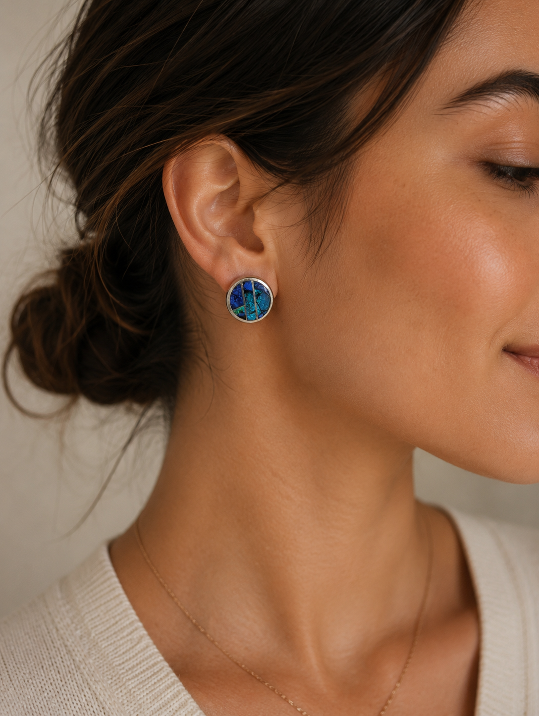 Mosaic Turquoise Lapis Inlay Sterling Silver Stud Earrings