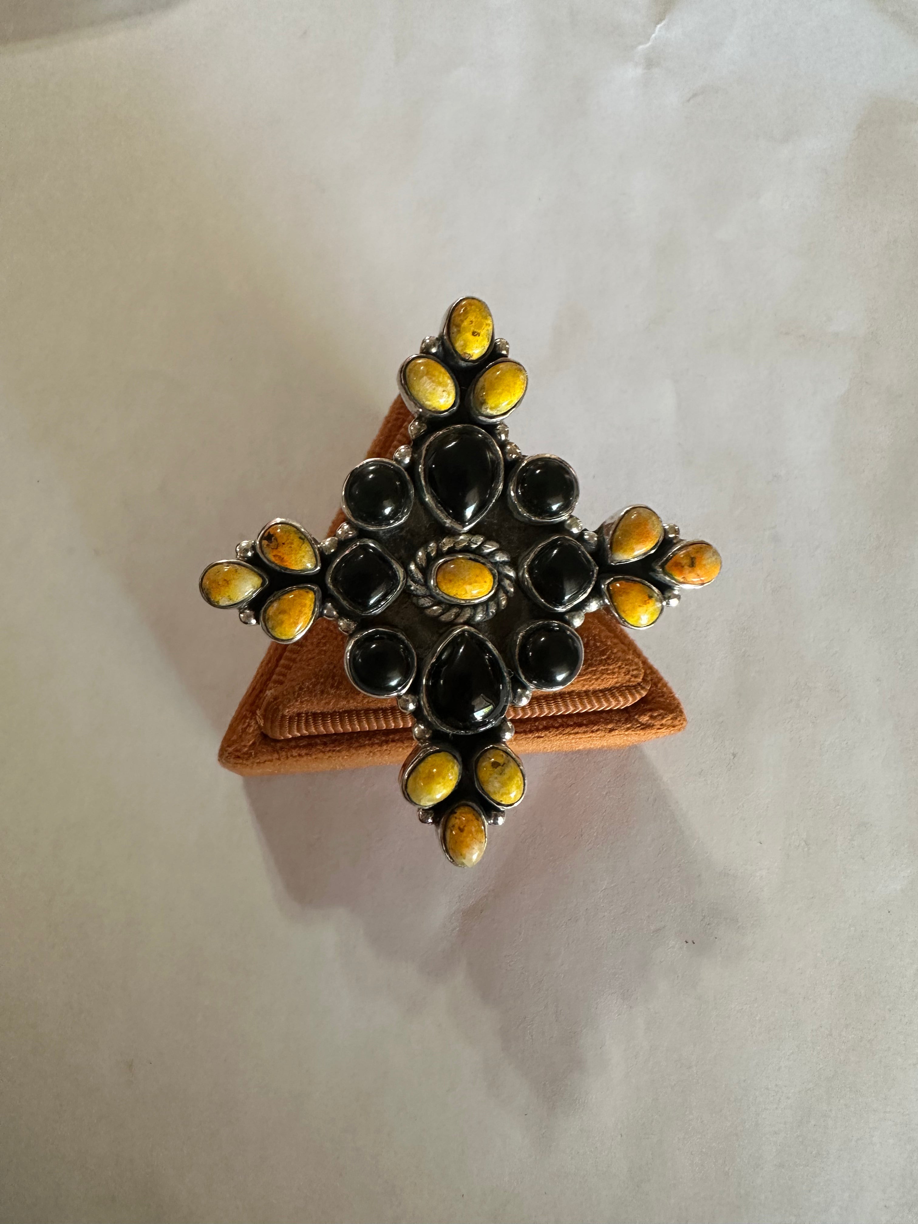 HALLOWEEN COLLECTION Nizhoni Black Onyx, Bumble Bee & Sterling Silver Adjustable Ring