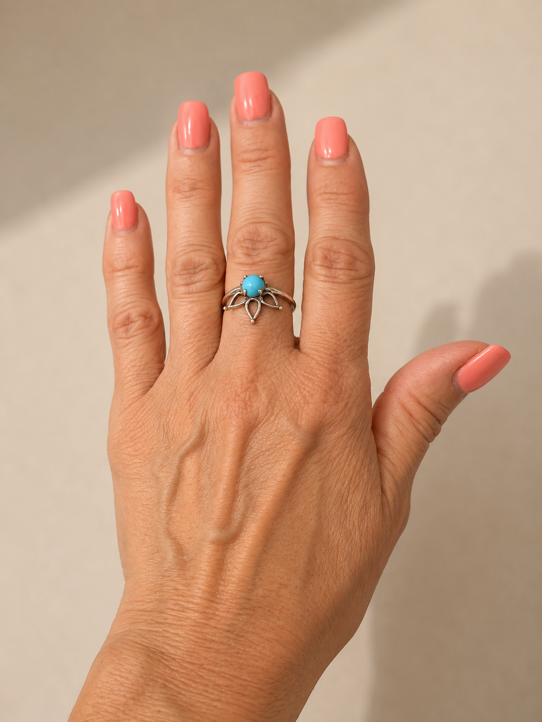 Kingman Turquoise Crowned Lotus Flower Sterling Silver Ring
