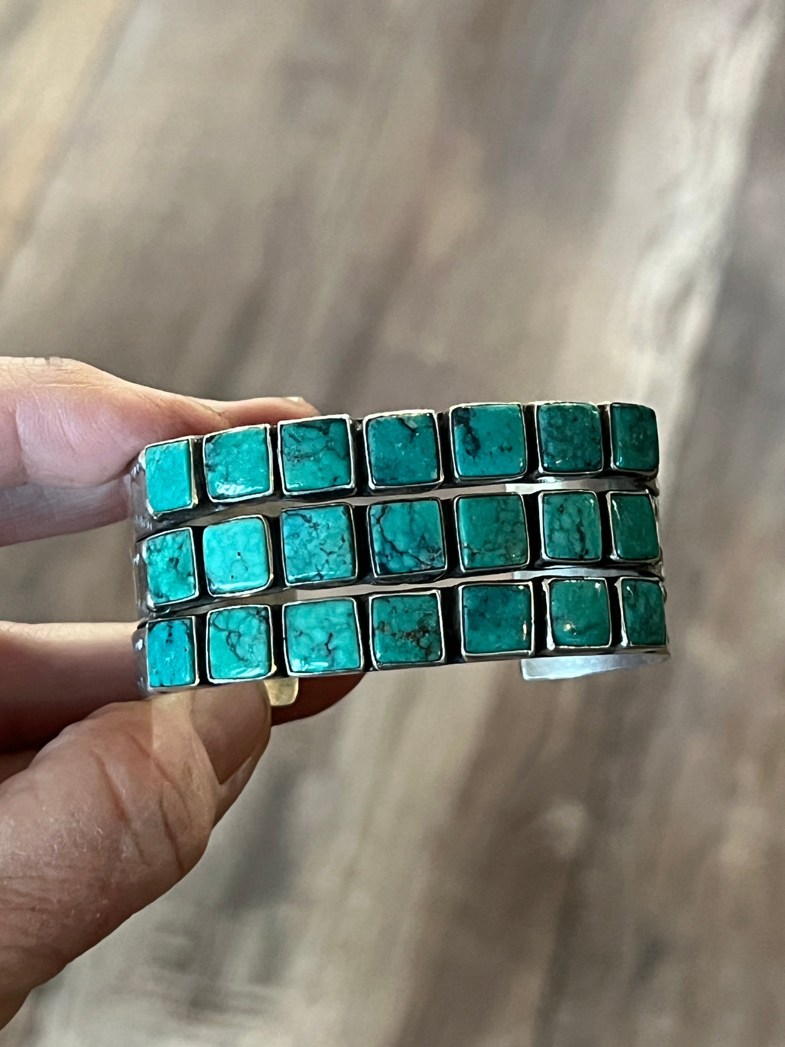 Handcrafted Vintage Sterling Silver and Turquoise Triple Row Square Stone Cuff /