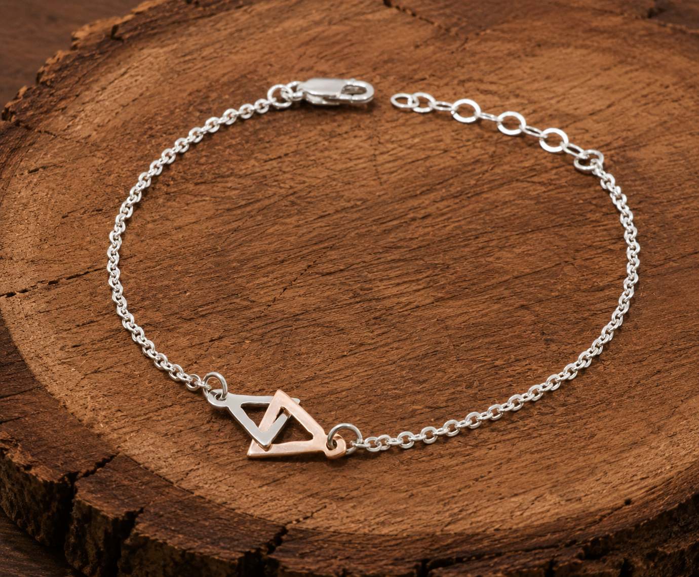 Minimalist Linked Sterling Silver & Copper Bracelet w/ Double Triangles