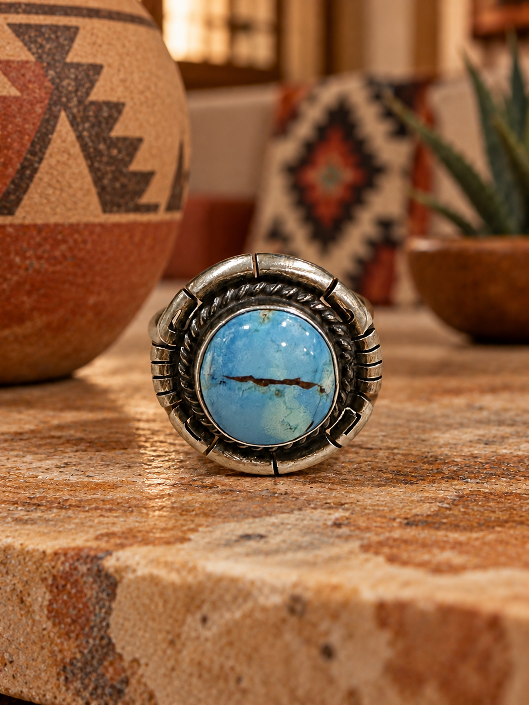 Handcrafted Round Golden Hills Turquoise & Sterling Silver Ring
