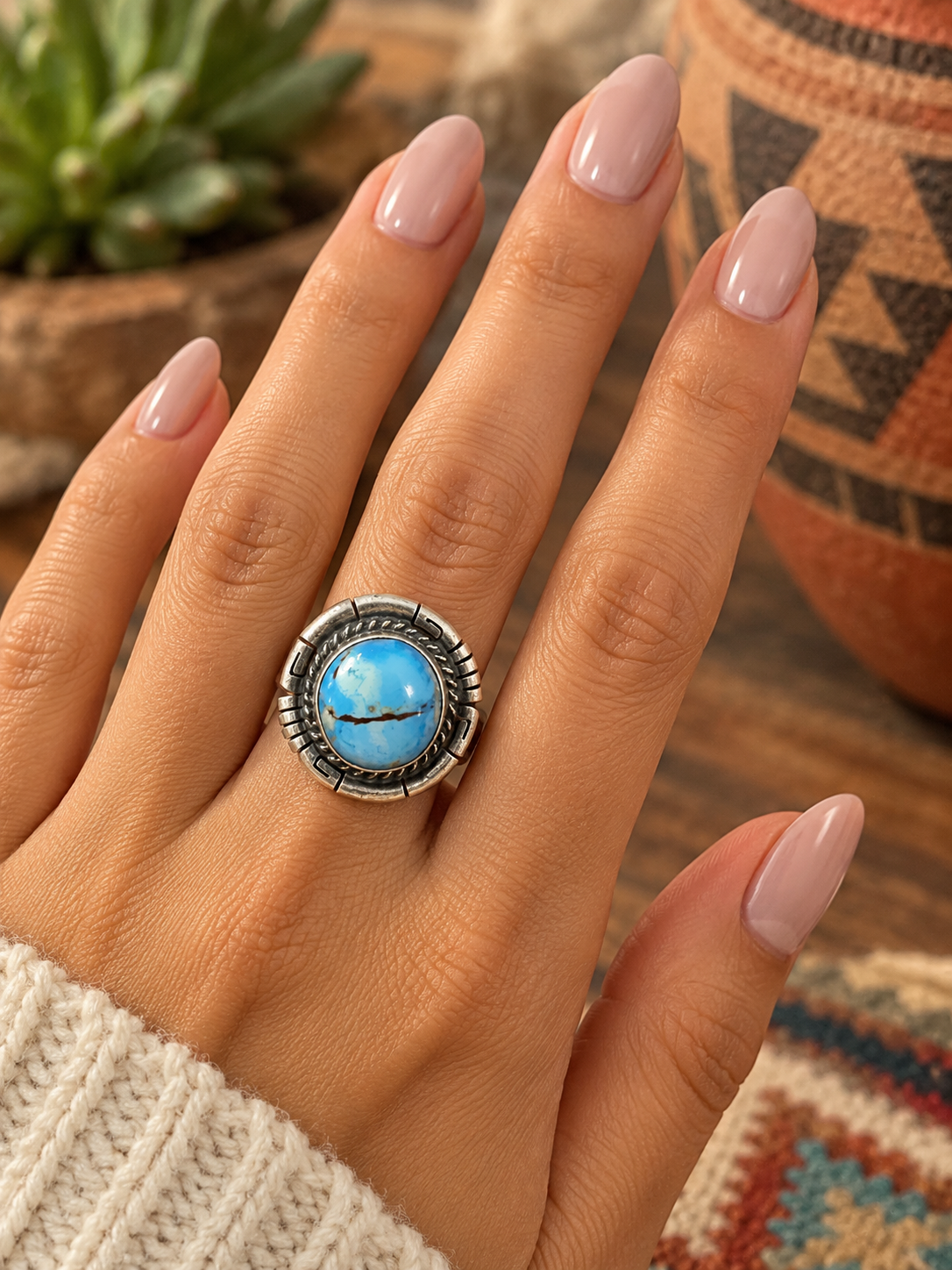 Handcrafted Round Golden Hills Turquoise & Sterling Silver Ring